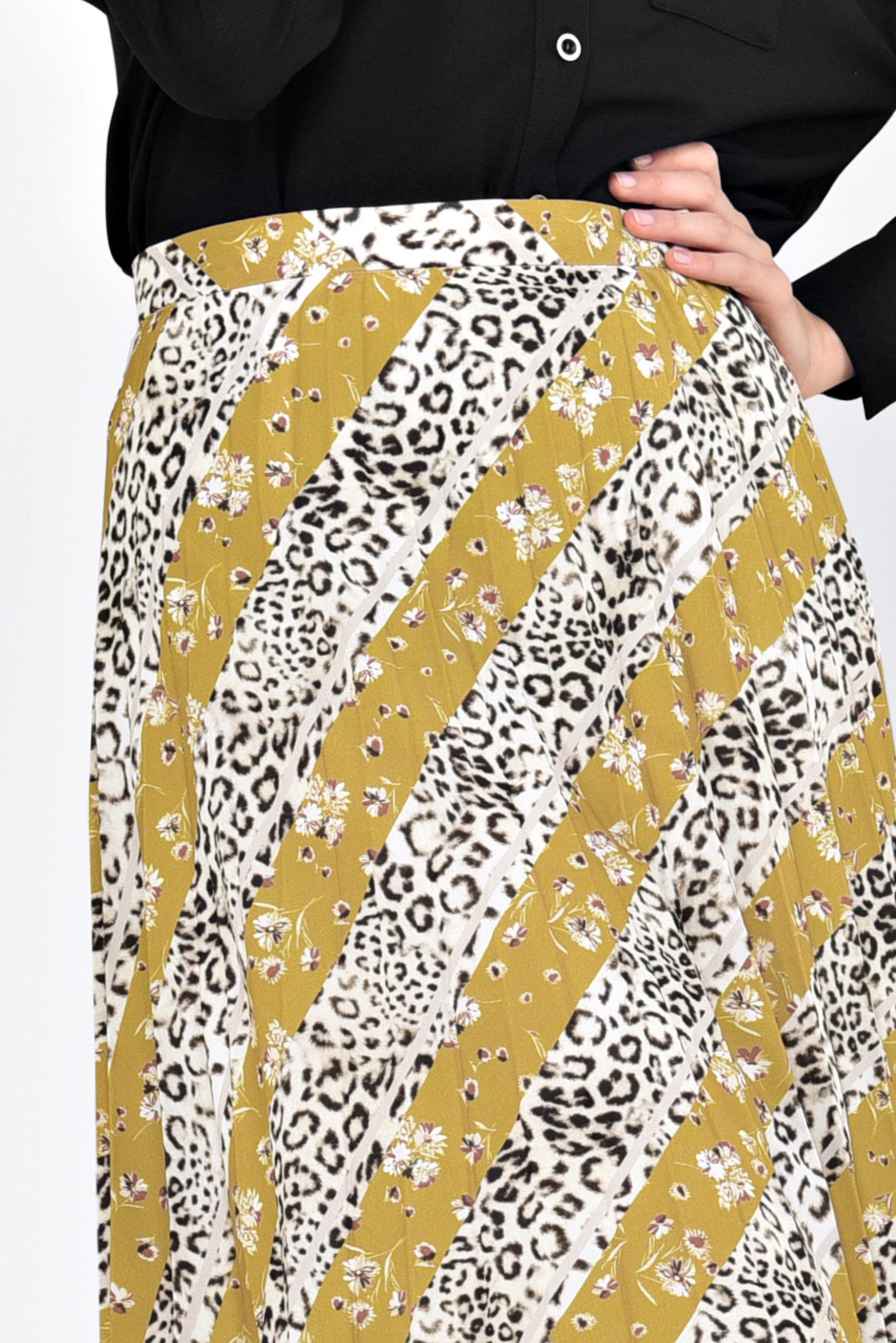 Tesettür giyim SARI LEOPAR DESENLİ PİLELİ ETEK 6325