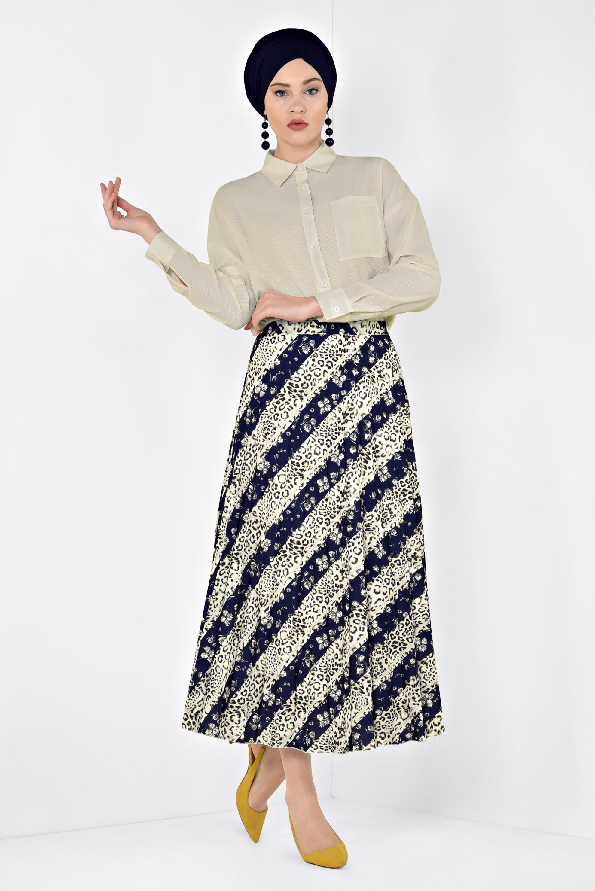 Tesettür giyim LACİVERT LEOPAR DESENLİ PİLELİ ETEK 6325