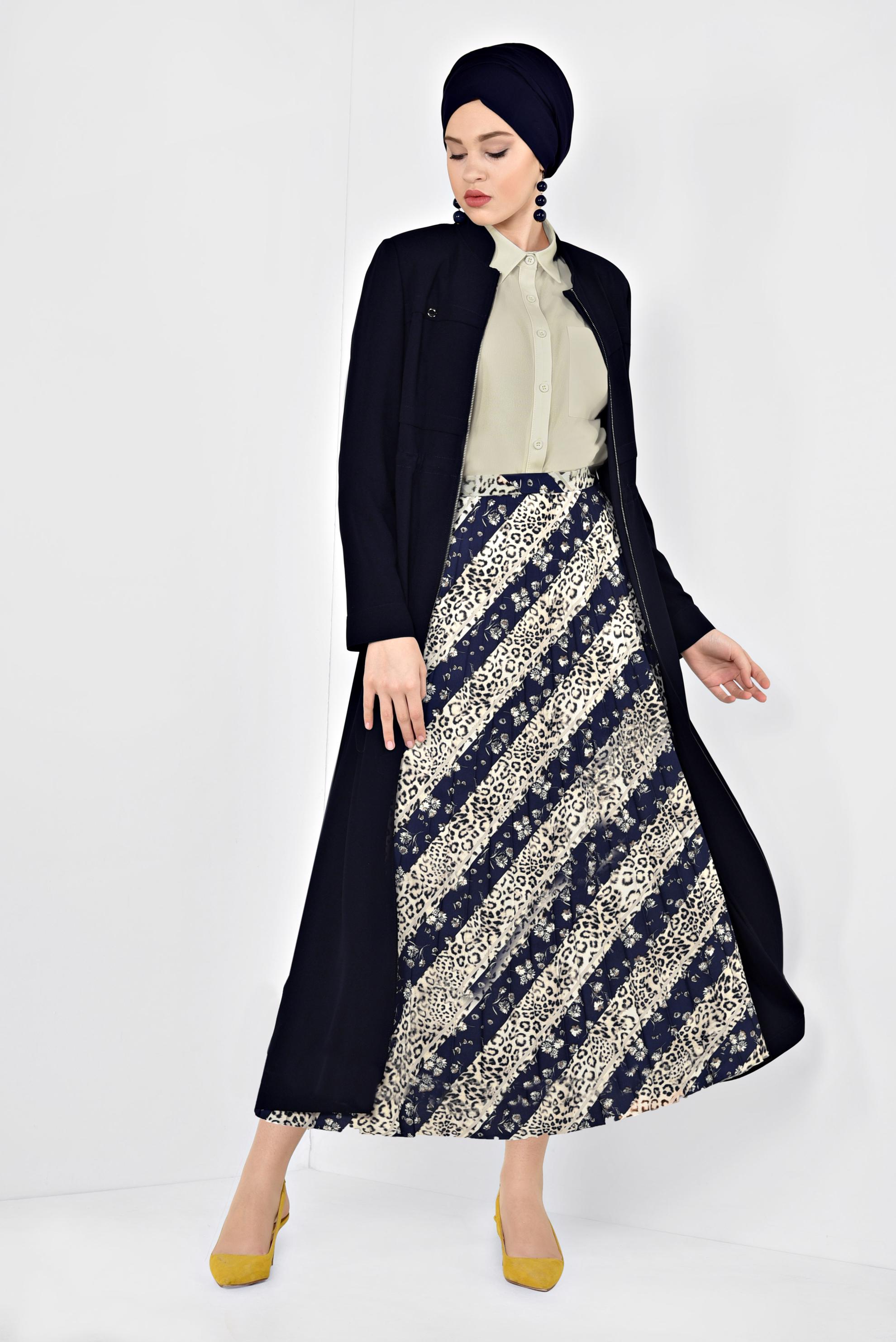 Tesettür giyim LACİVERT LEOPAR DESENLİ PİLELİ ETEK 6325
