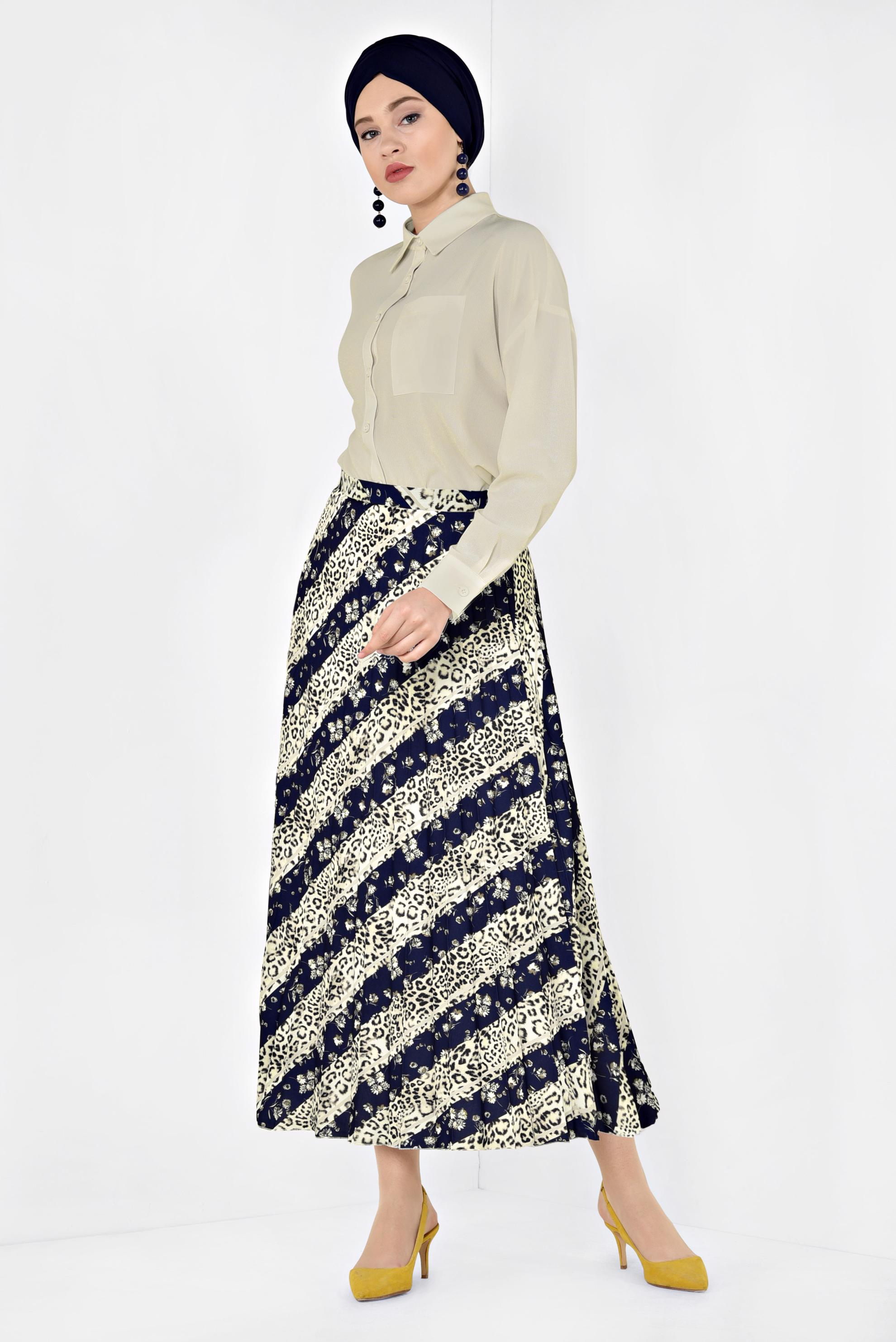 Tesettür giyim LACİVERT LEOPAR DESENLİ PİLELİ ETEK 6325