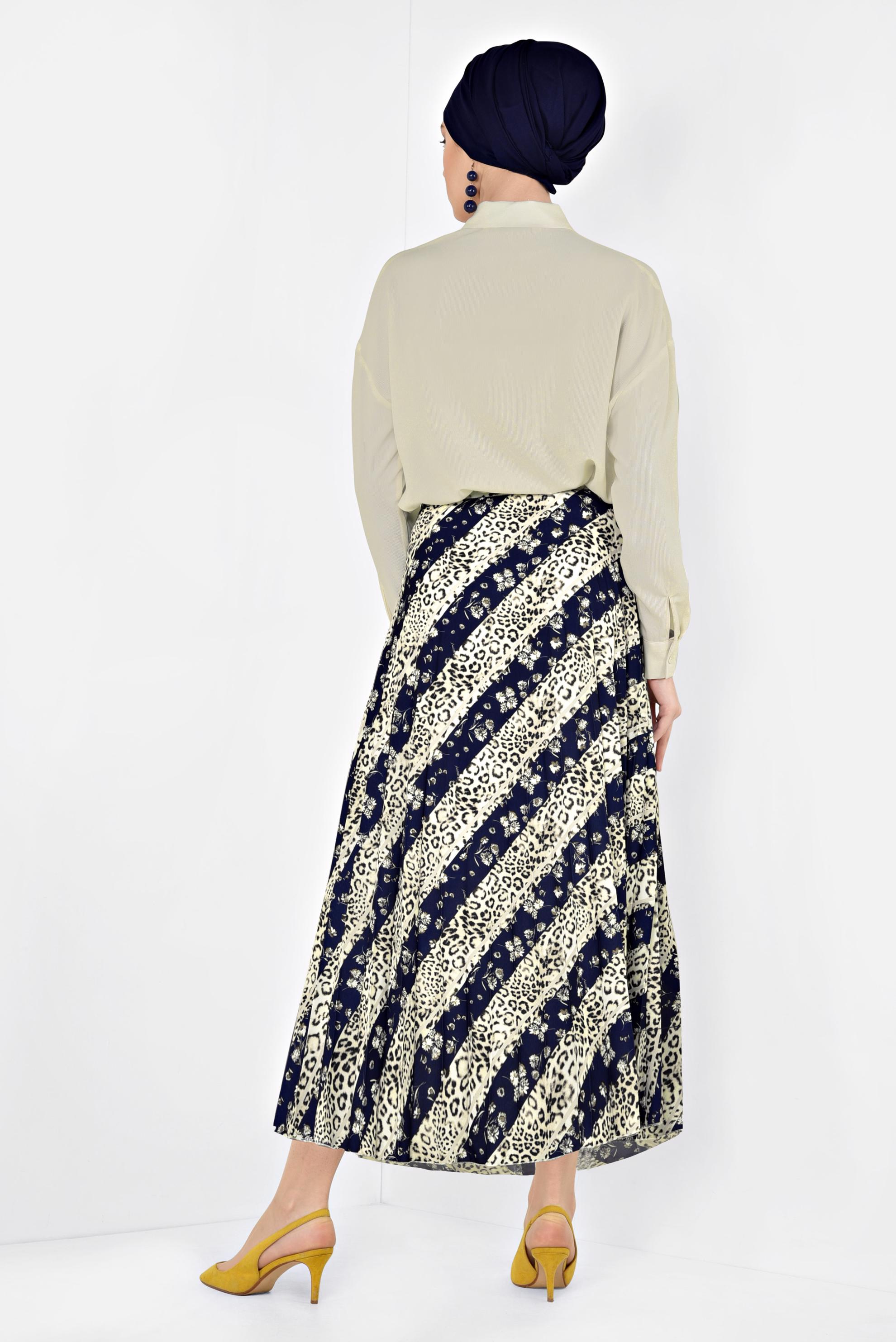 Tesettür giyim LACİVERT LEOPAR DESENLİ PİLELİ ETEK 6325