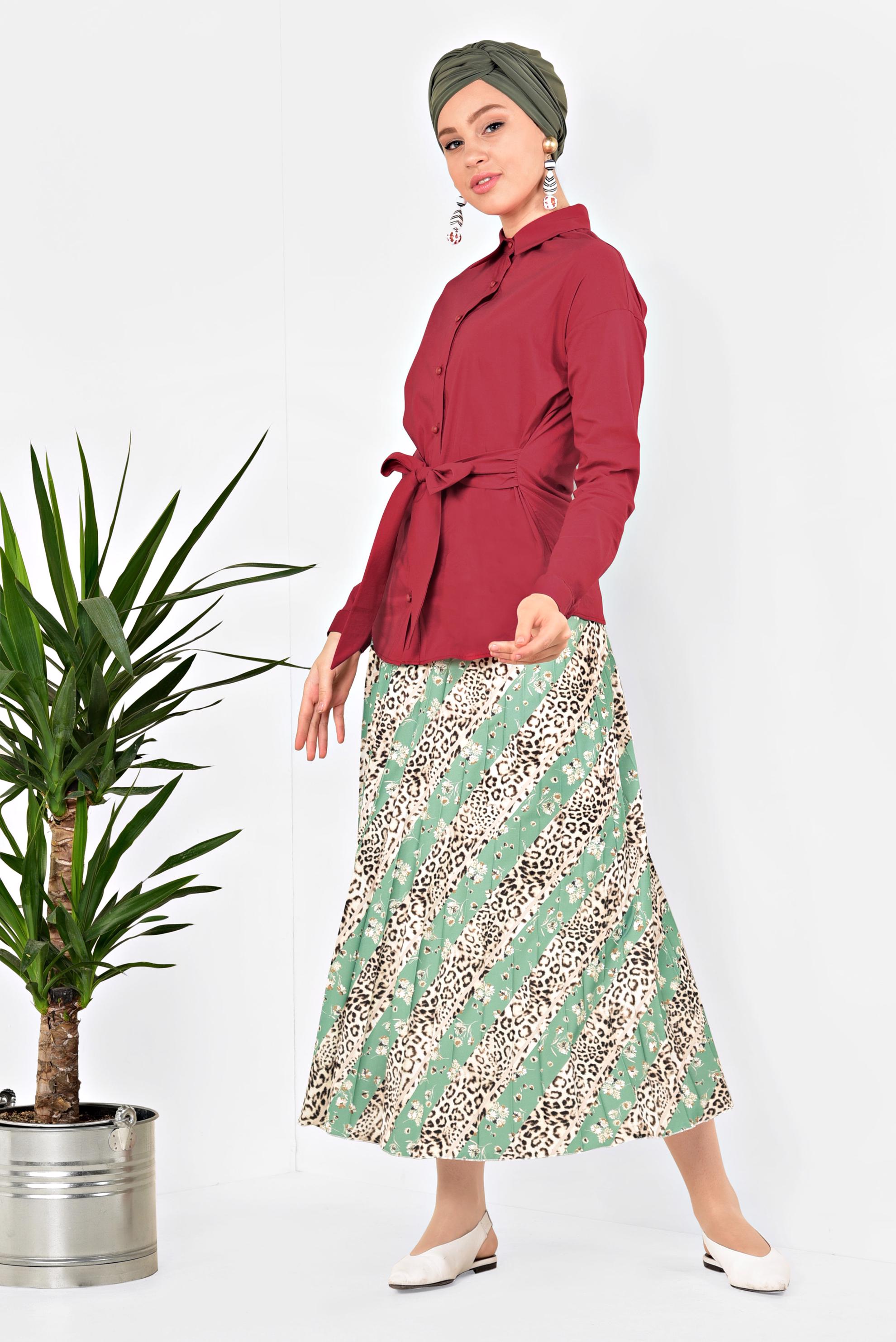 Tesettür giyim YEŞİL LEOPAR DESENLİ PİLELİ ETEK 6325