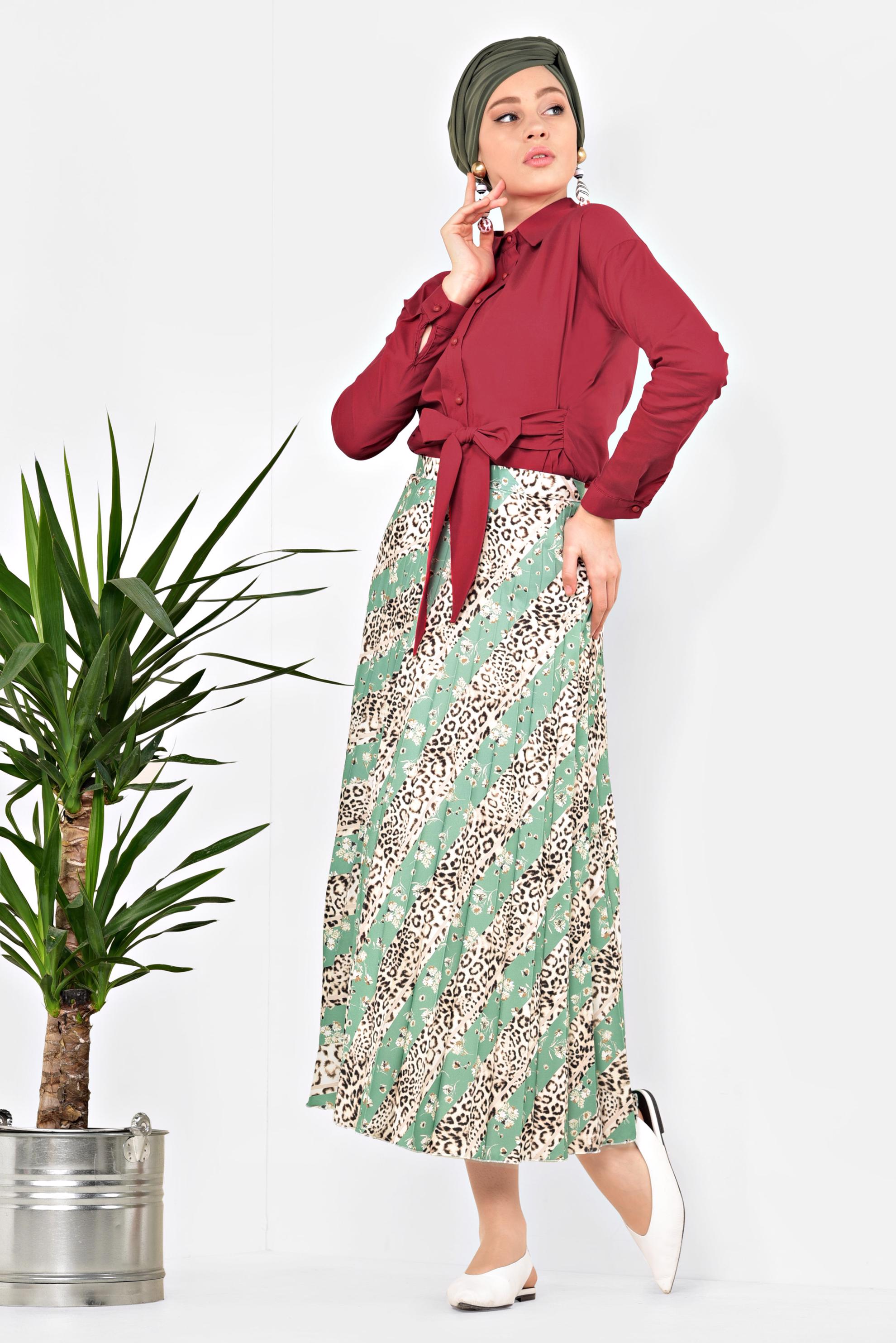 Tesettür giyim YEŞİL LEOPAR DESENLİ PİLELİ ETEK 6325