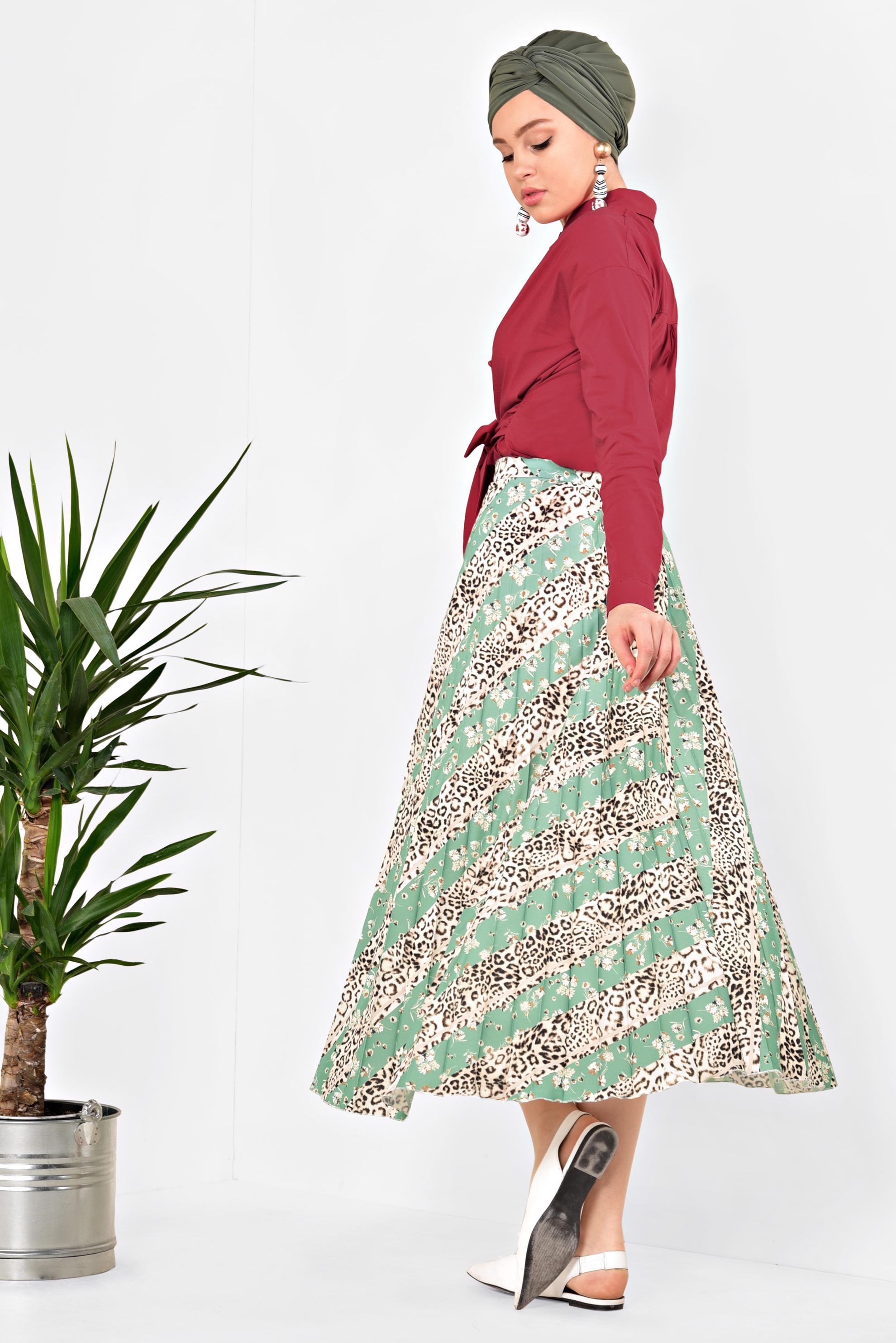 Tesettür giyim YEŞİL LEOPAR DESENLİ PİLELİ ETEK 6325