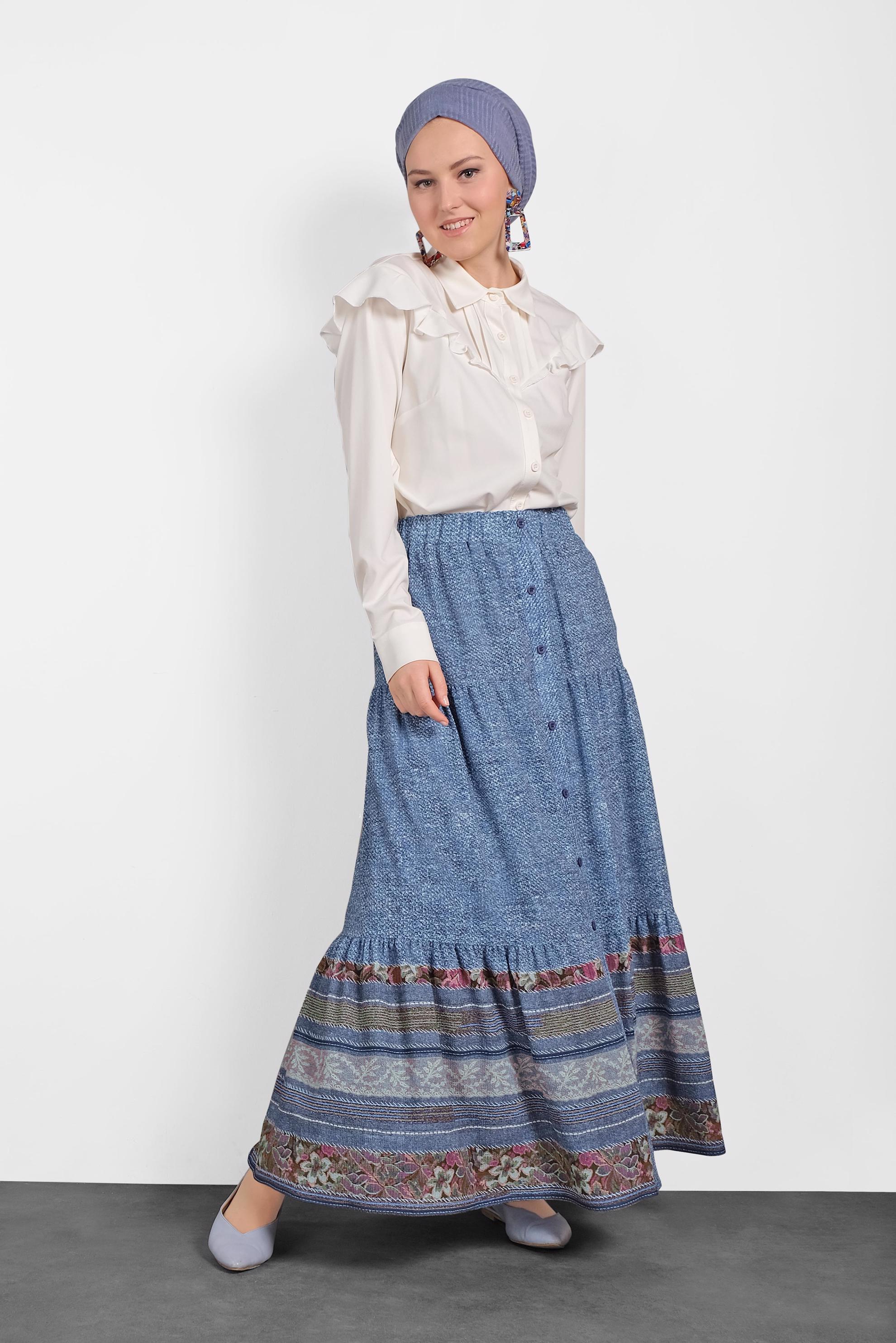 Tesettür giyim MAVİ ETEK UCU DESENLİ BELİ LASTİKLİ DÜĞMELİ ETEK 6329