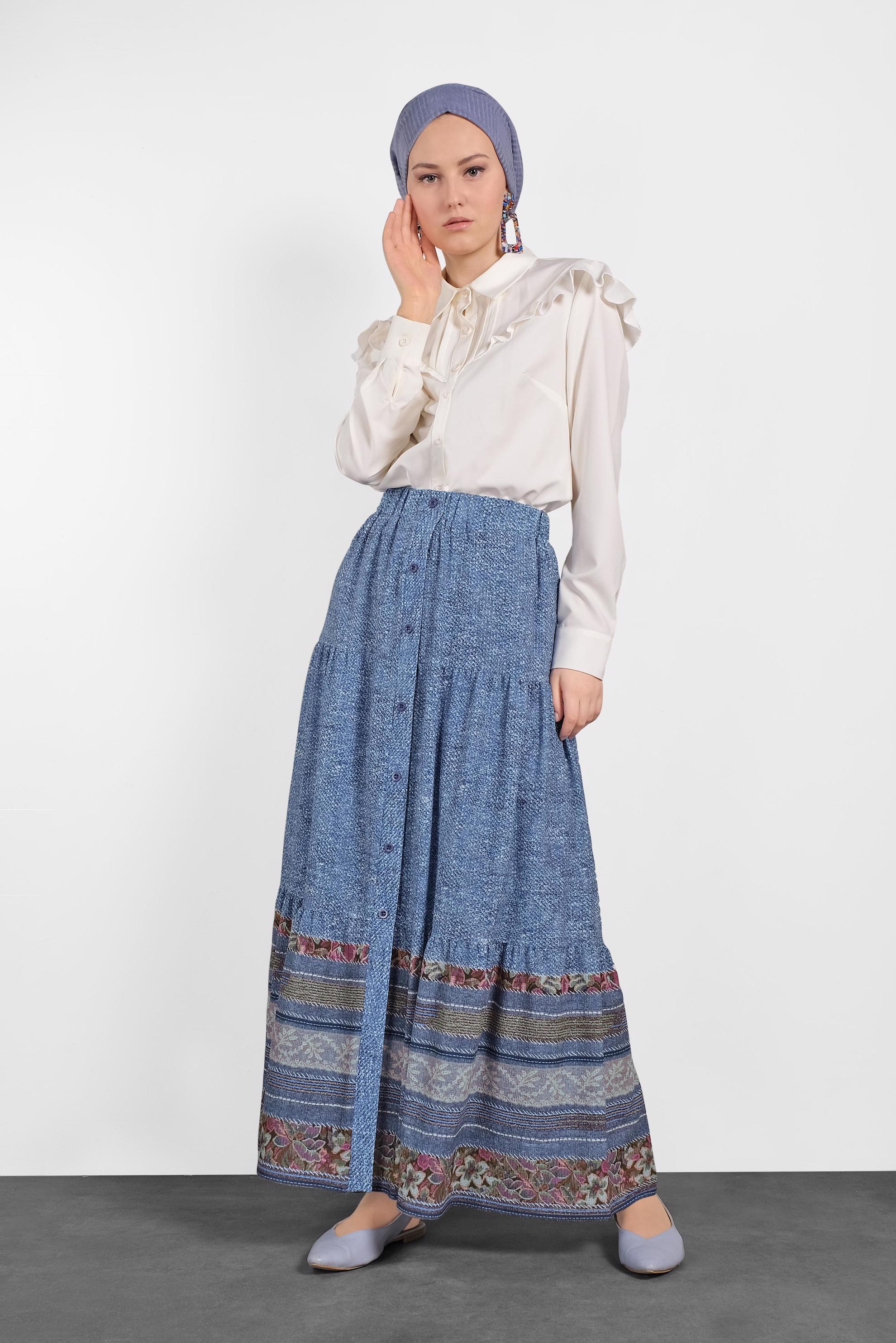 Tesettür giyim MAVİ ETEK UCU DESENLİ BELİ LASTİKLİ DÜĞMELİ ETEK 6329