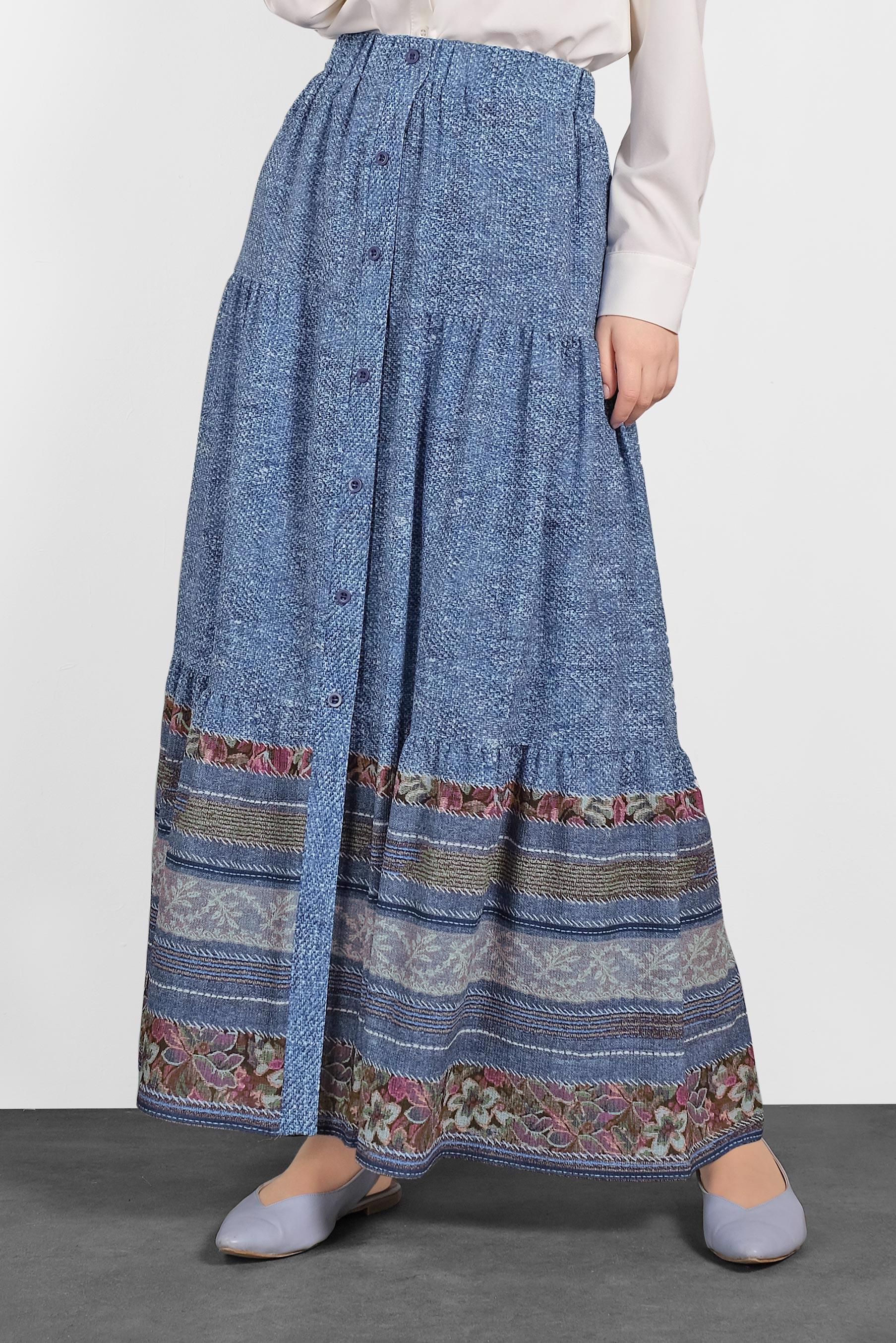 Tesettür giyim MAVİ ETEK UCU DESENLİ BELİ LASTİKLİ DÜĞMELİ ETEK 6329