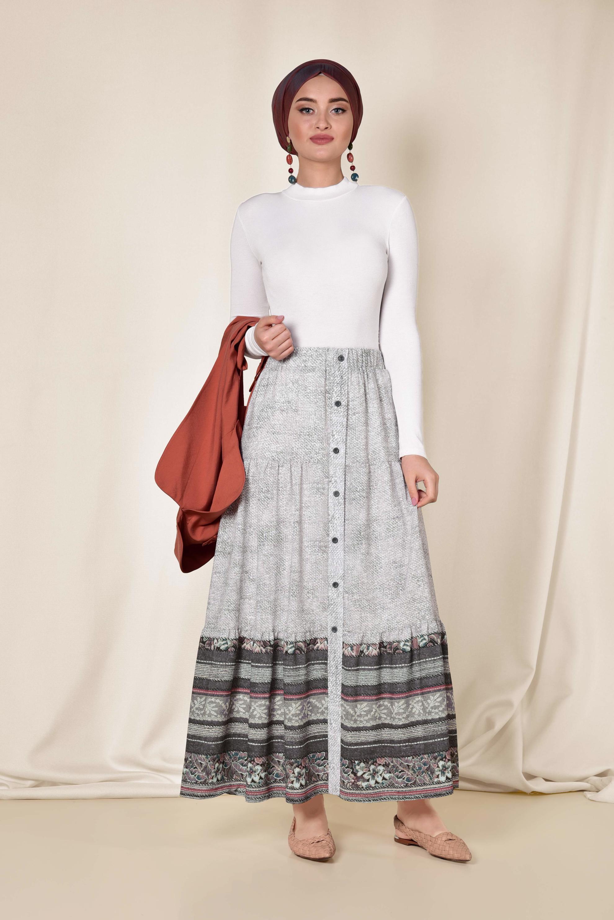 Tesettür giyim GRİ ETEK UCU DESENLİ BELİ LASTİKLİ DÜĞMELİ ETEK 6329