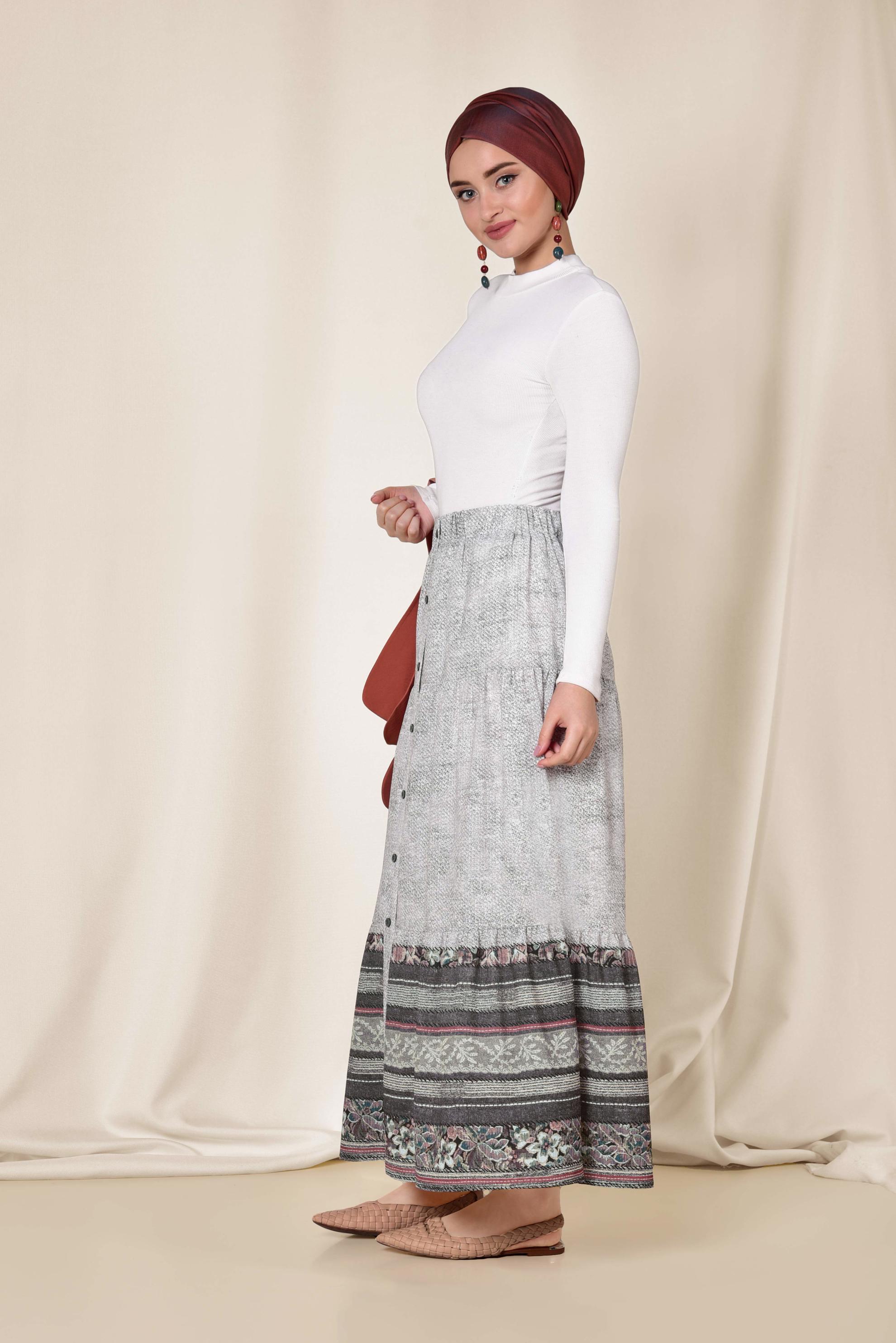 Tesettür giyim GRİ ETEK UCU DESENLİ BELİ LASTİKLİ DÜĞMELİ ETEK 6329