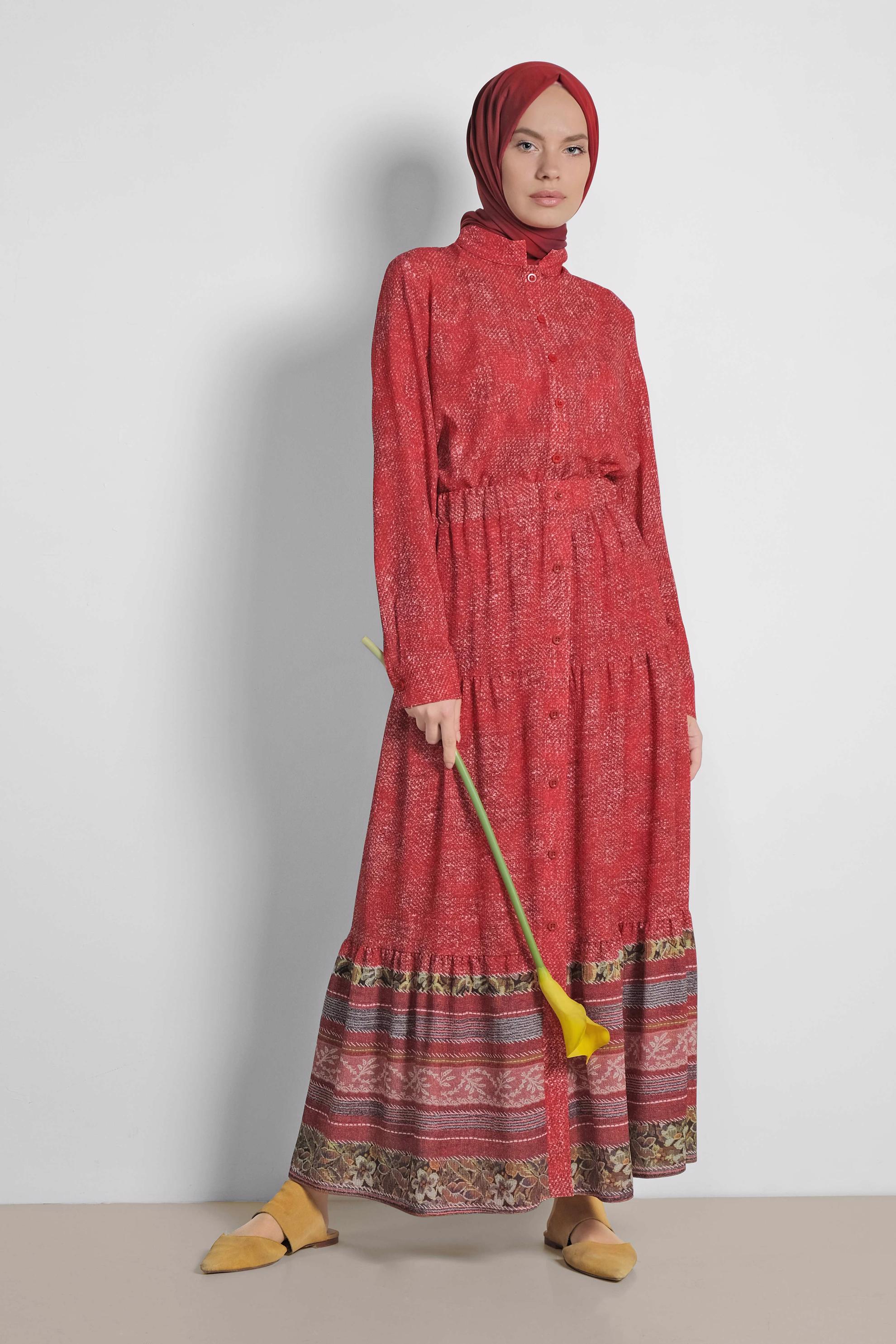 Tesettür giyim BORDO ETEK UCU DESENLİ BELİ LASTİKLİ DÜĞMELİ ETEK 6329