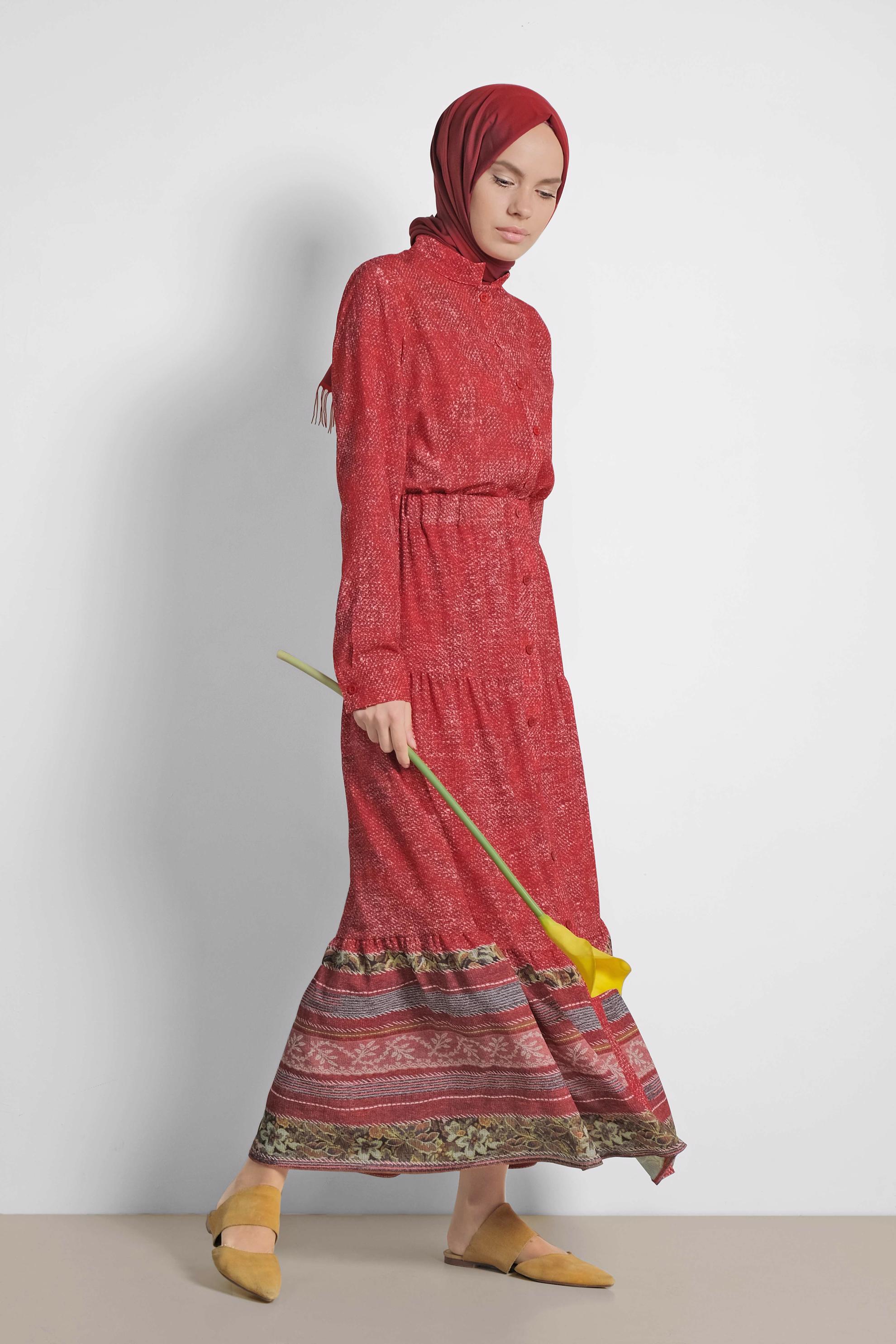 Tesettür giyim BORDO ETEK UCU DESENLİ BELİ LASTİKLİ DÜĞMELİ ETEK 6329