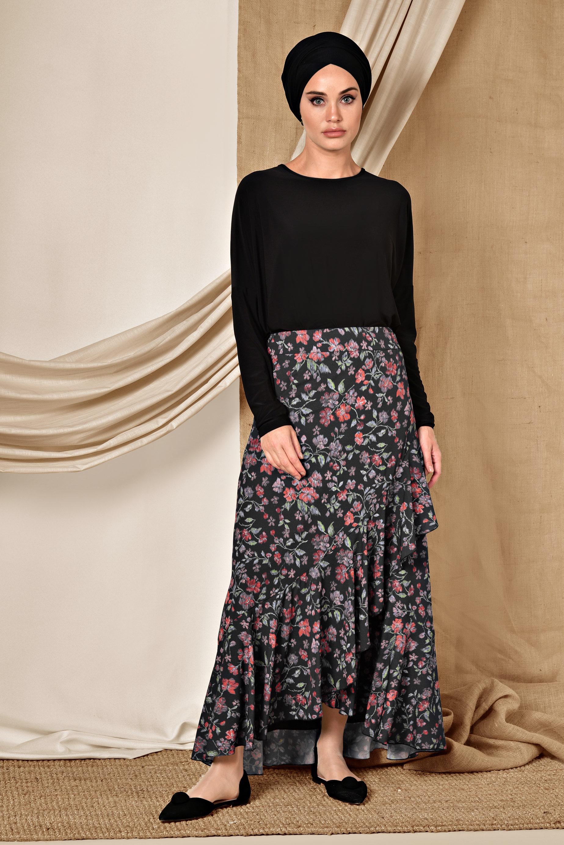 Tesettür giyim SİYAH FLORAL DESENLİ VOLANLI ETEK 6331