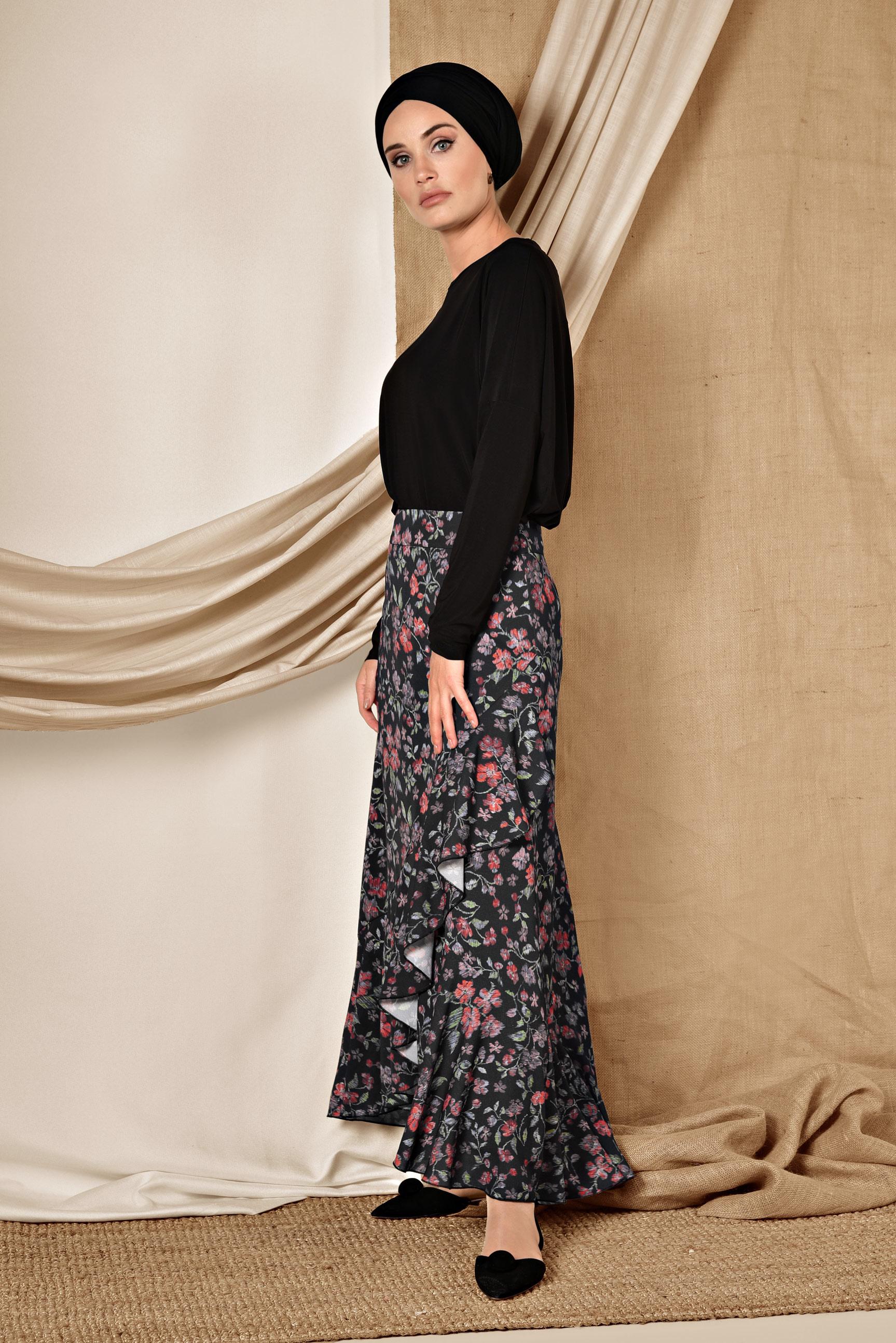 Tesettür giyim SİYAH FLORAL DESENLİ VOLANLI ETEK 6331