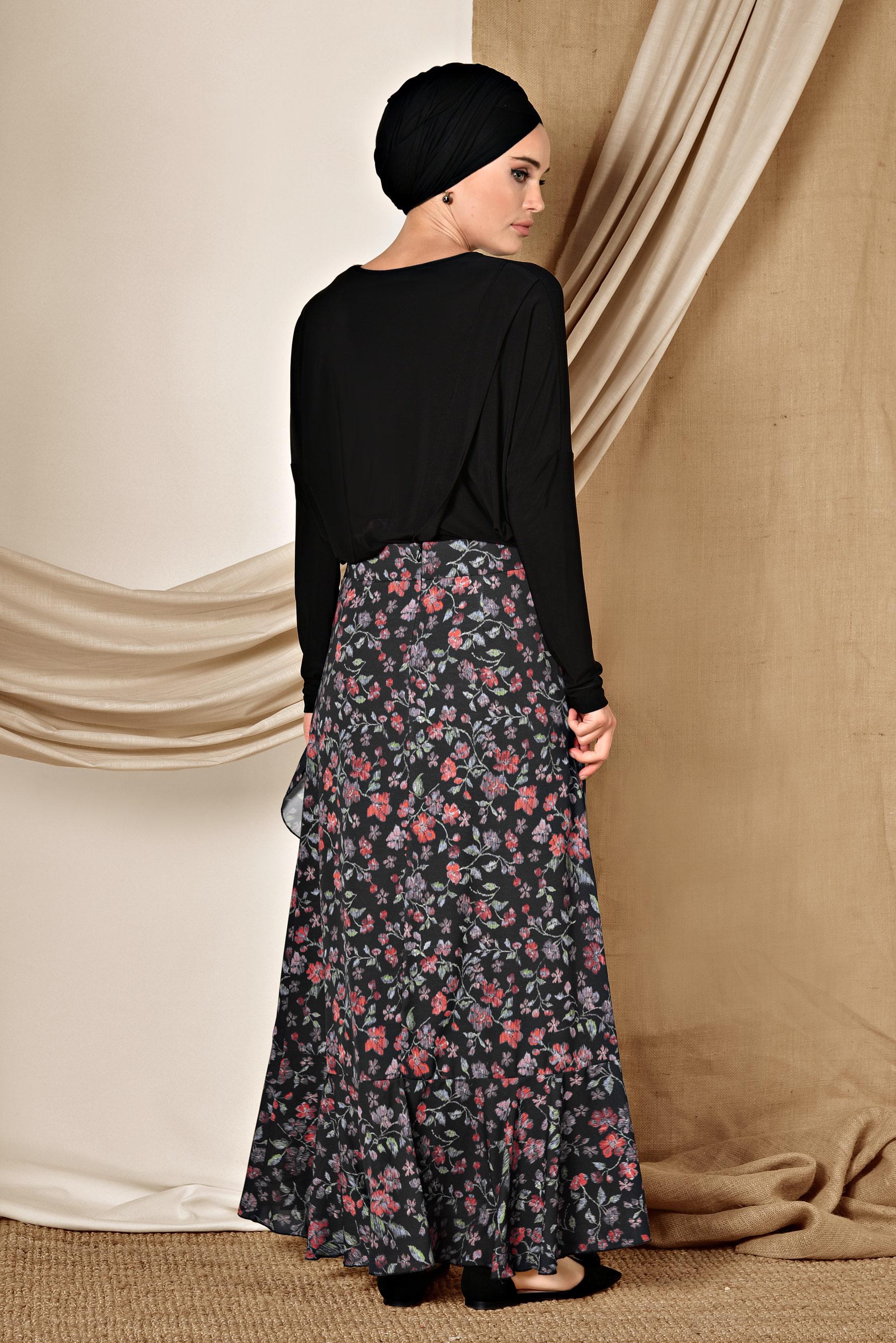 Tesettür giyim SİYAH FLORAL DESENLİ VOLANLI ETEK 6331