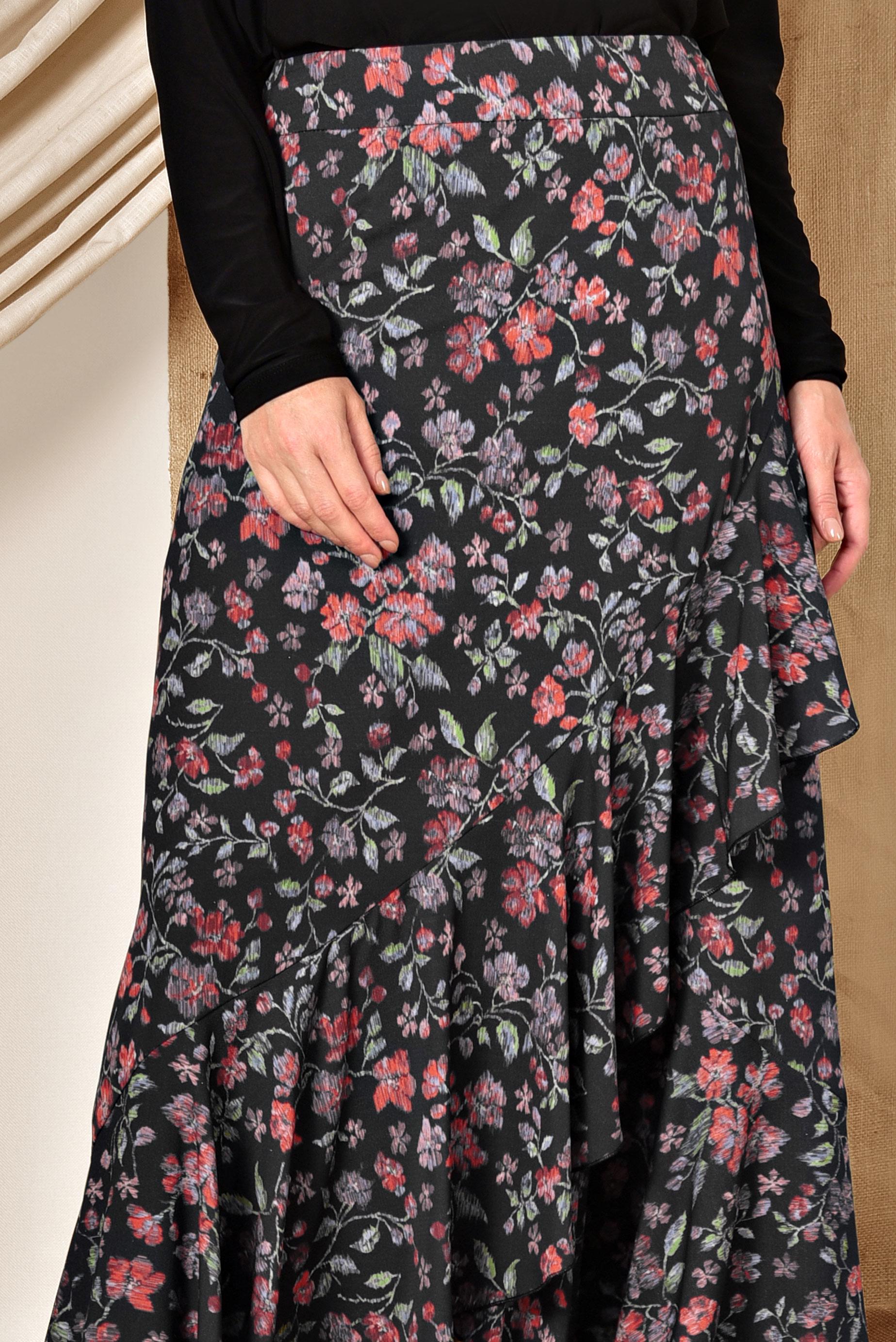 Tesettür giyim SİYAH FLORAL DESENLİ VOLANLI ETEK 6331