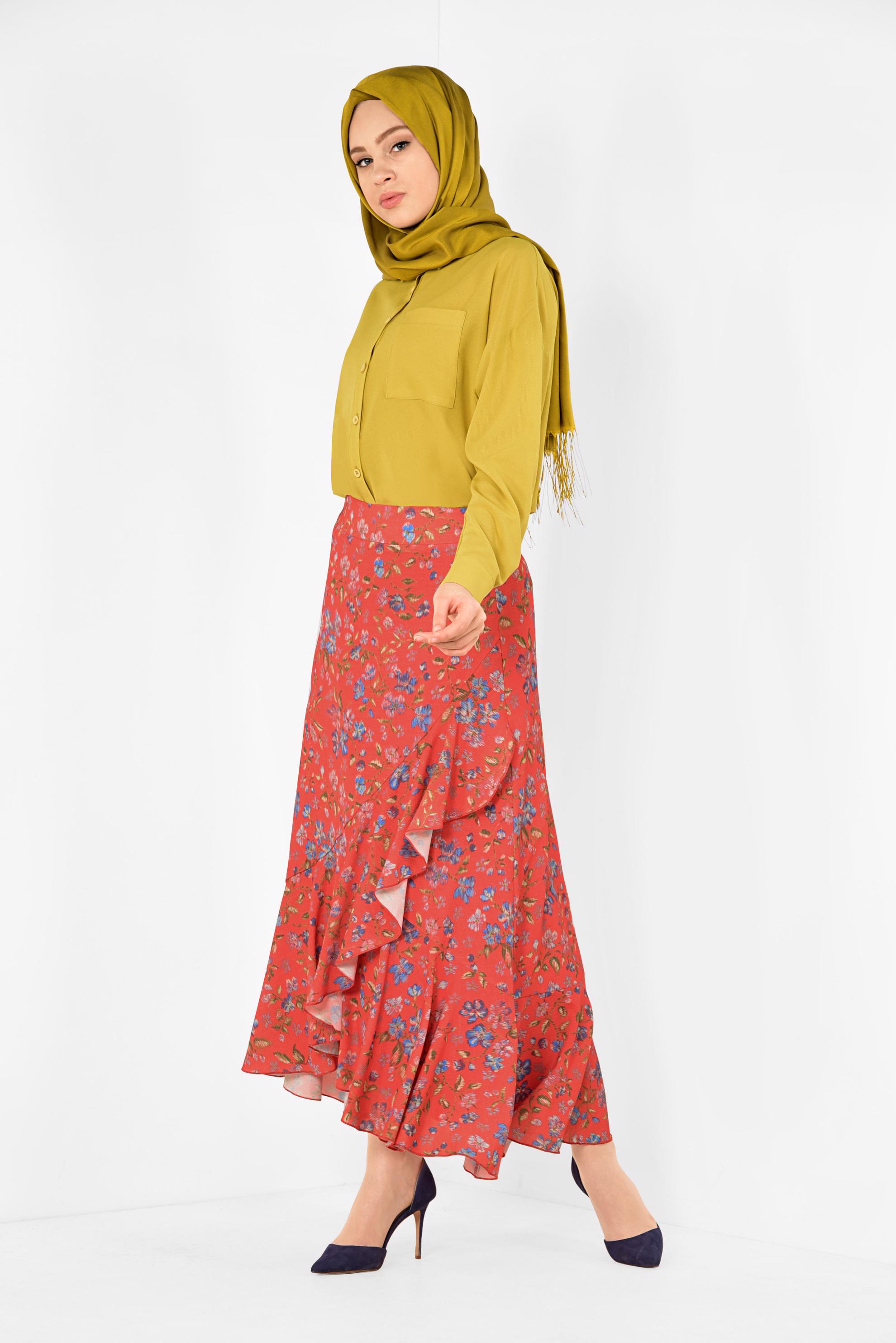 Tesettür giyim KIRMIZI FLORAL DESENLİ VOLANLI ETEK 6331