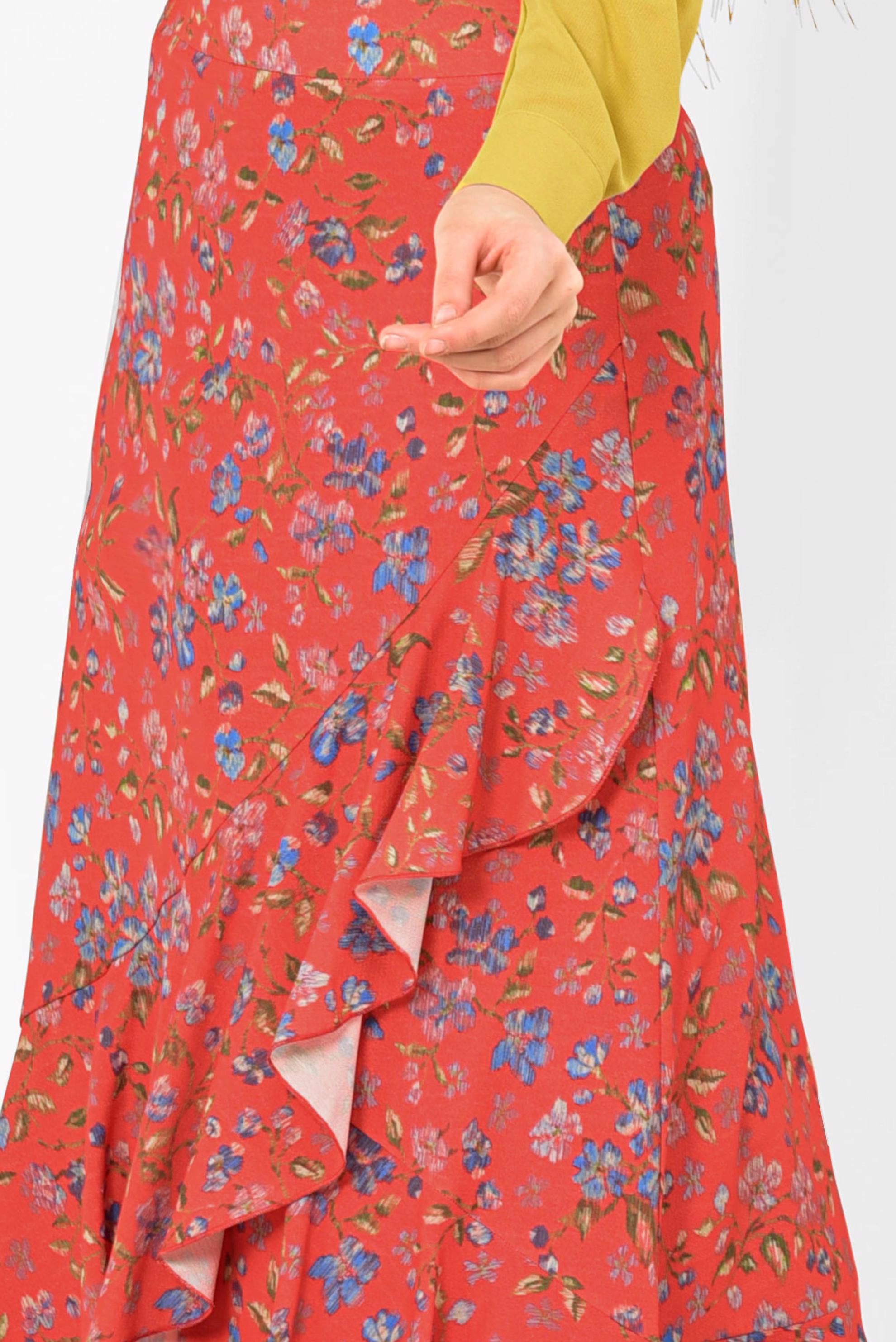 Tesettür giyim KIRMIZI FLORAL DESENLİ VOLANLI ETEK 6331