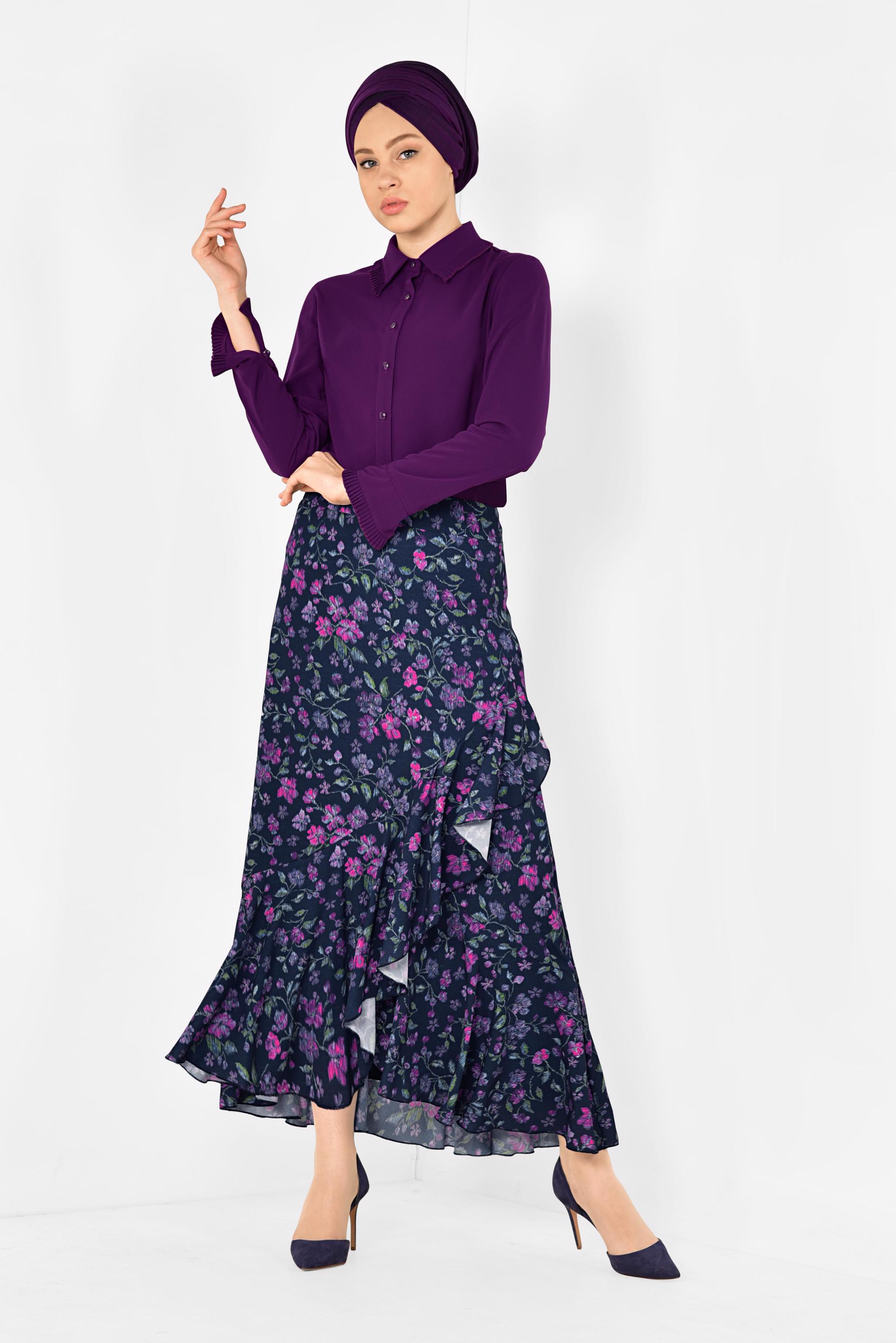 Tesettür giyim LACİVERT FLORAL DESENLİ VOLANLI ETEK 6331