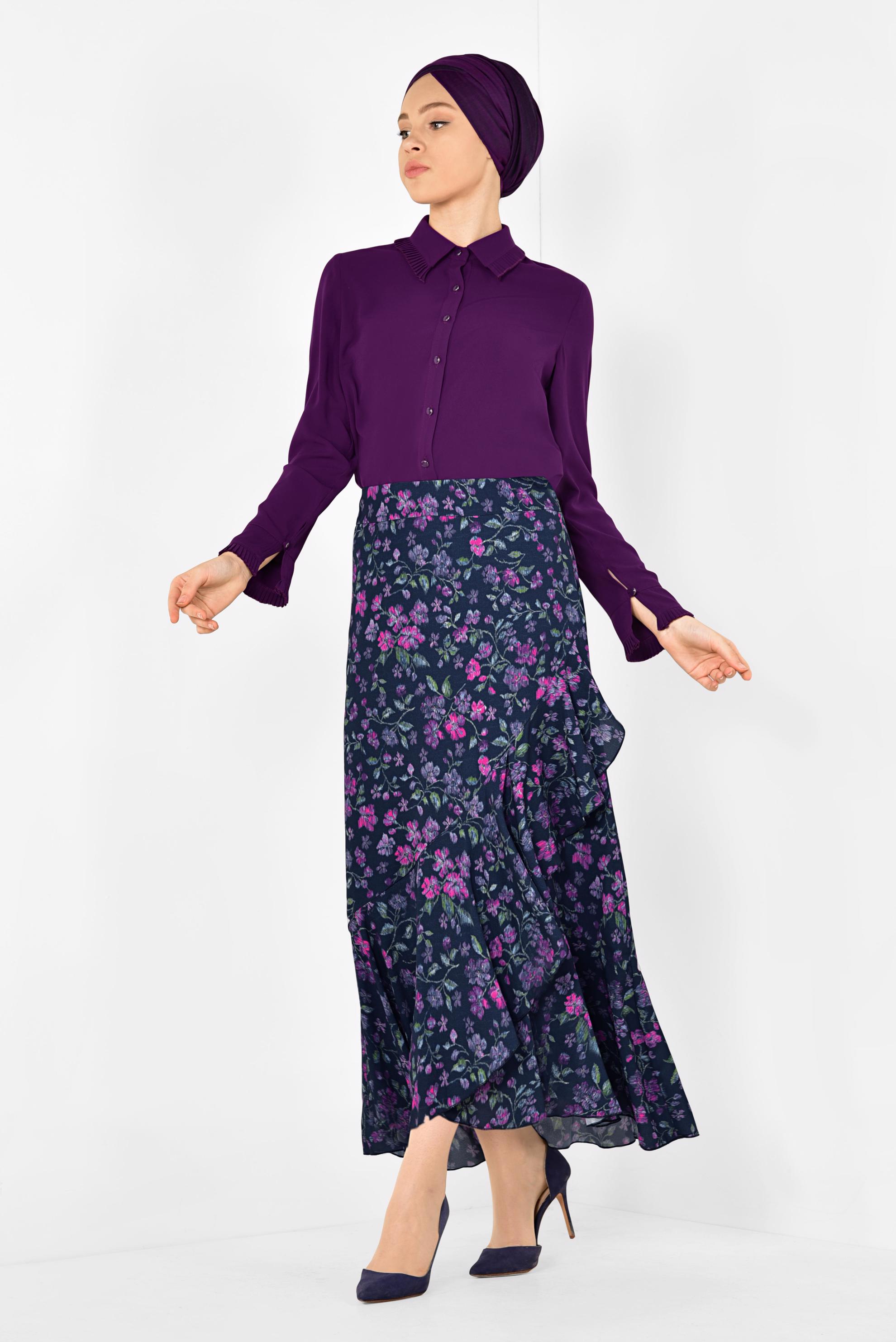 Tesettür giyim LACİVERT FLORAL DESENLİ VOLANLI ETEK 6331