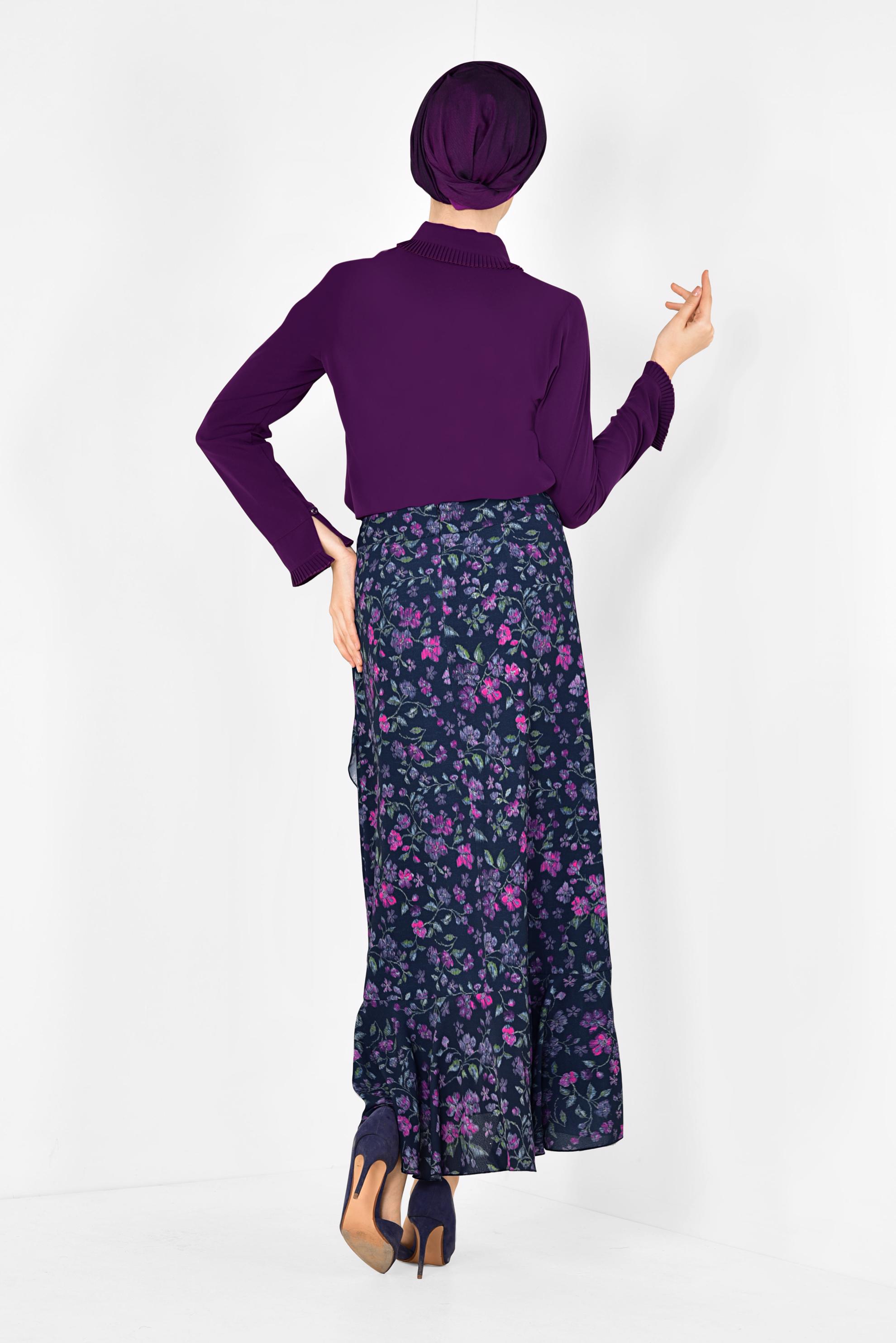 Tesettür giyim LACİVERT FLORAL DESENLİ VOLANLI ETEK 6331