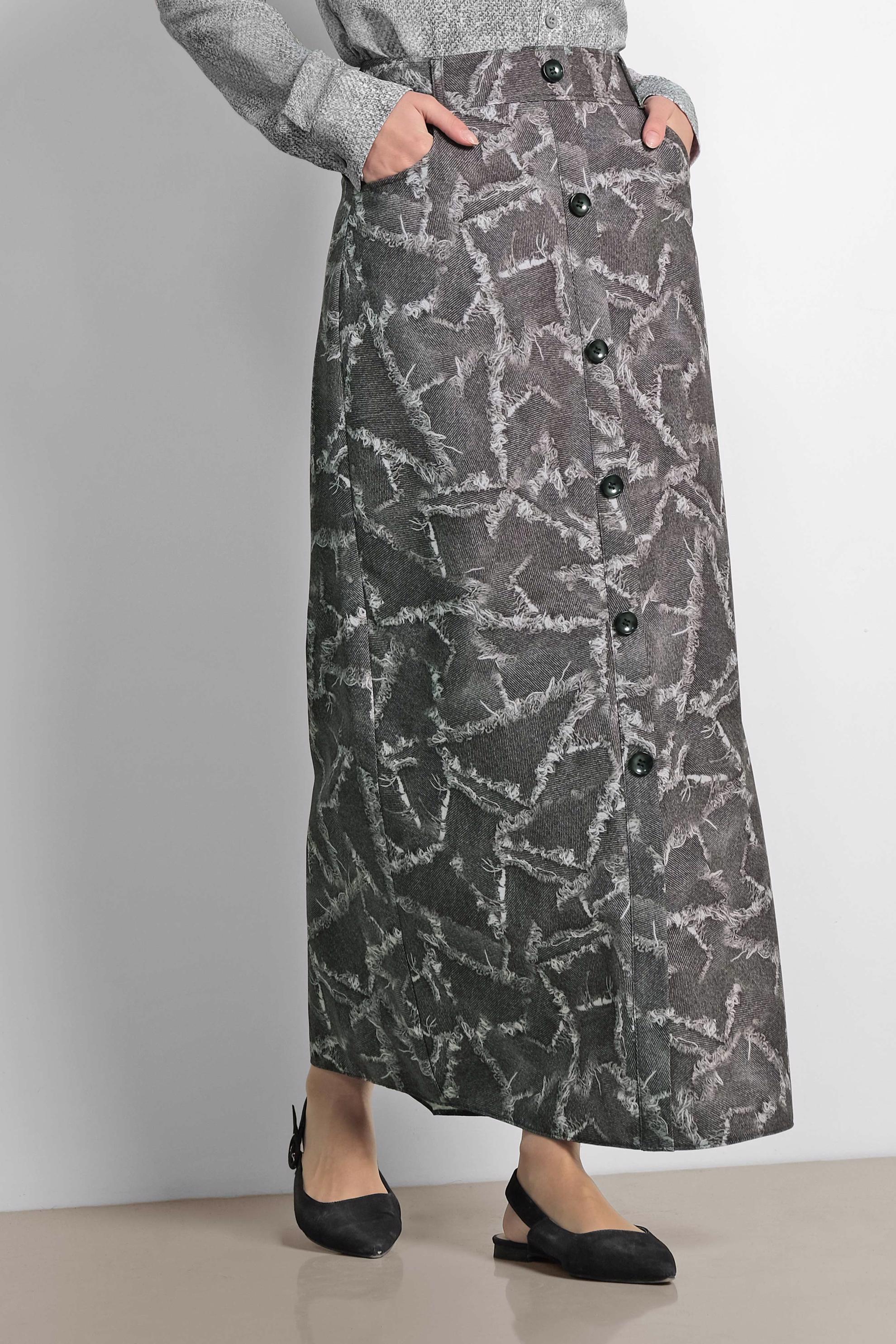 Tesettür giyim GRİ ÖNDEN DÜĞMELİ DESENLİ ETEK 6332