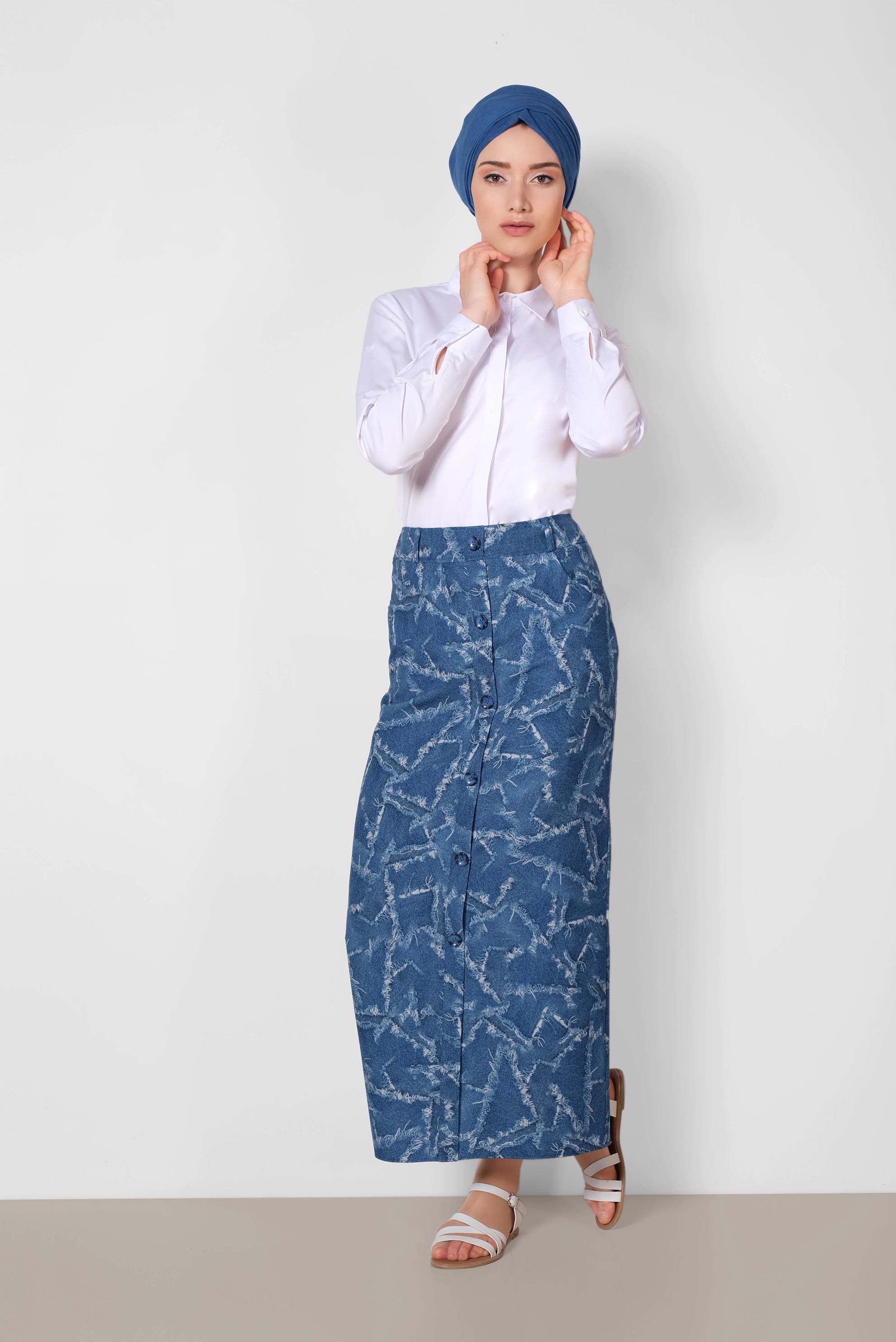 Tesettür giyim LACİVERT ÖNDEN DÜĞMELİ DESENLİ ETEK 6332