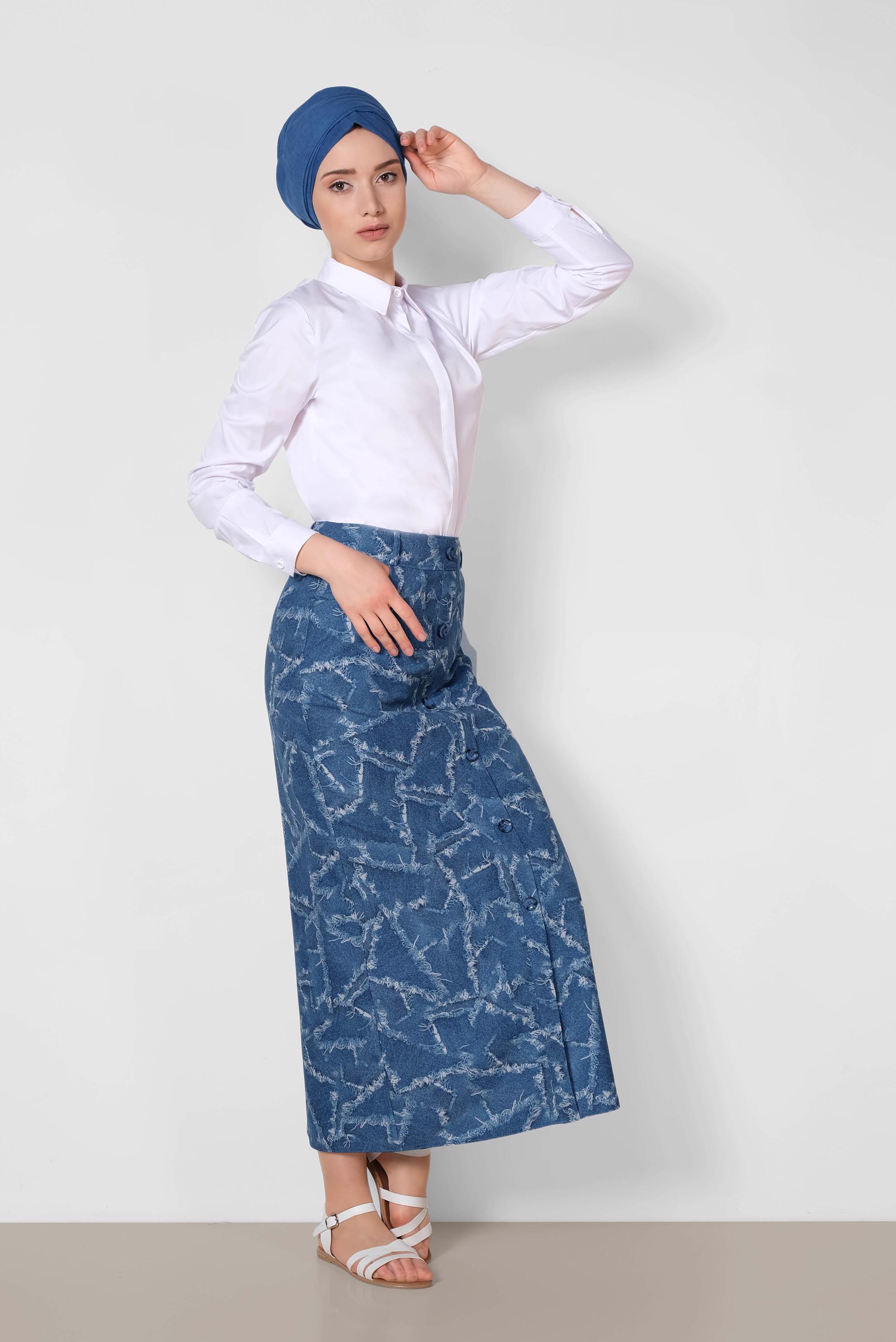 Tesettür giyim LACİVERT ÖNDEN DÜĞMELİ DESENLİ ETEK 6332