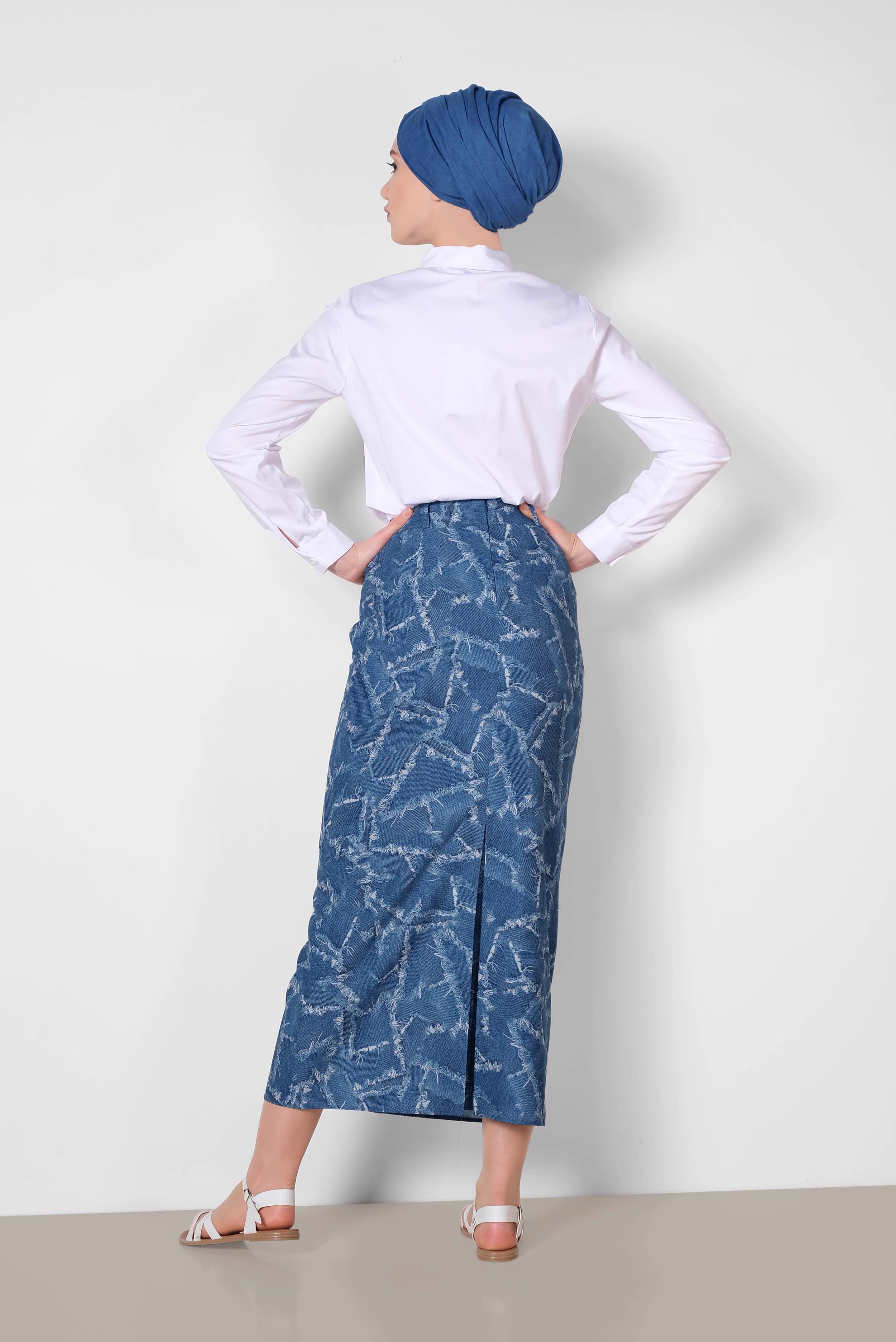 Tesettür giyim LACİVERT ÖNDEN DÜĞMELİ DESENLİ ETEK 6332