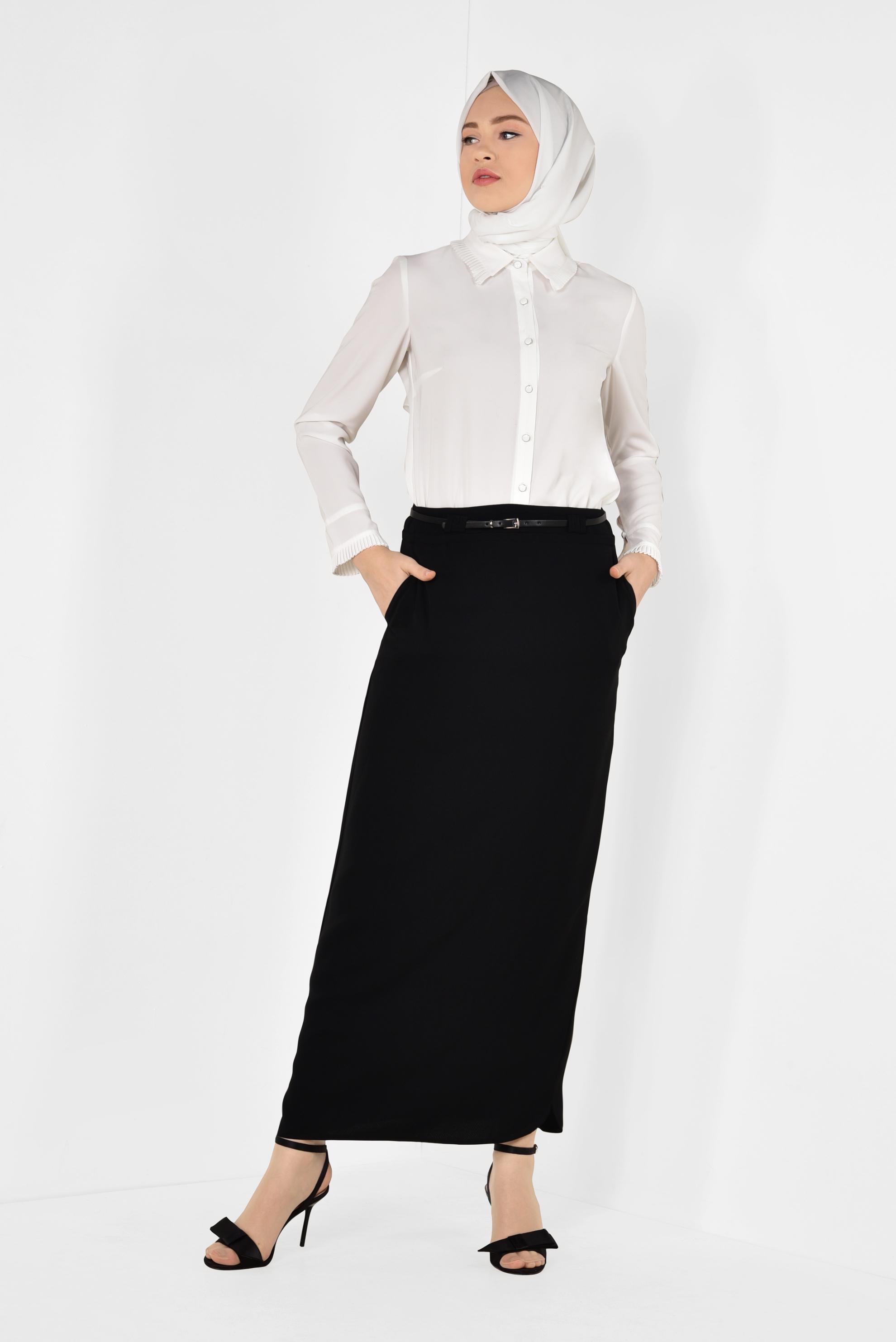 Tesettür giyim SİYAH KEMERLİ KALEM ETEK 6337