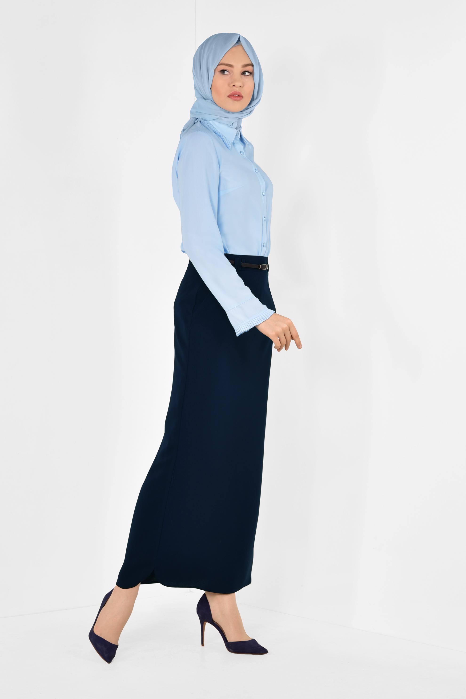 Tesettür giyim LACİVERT KEMERLİ KALEM ETEK 6337