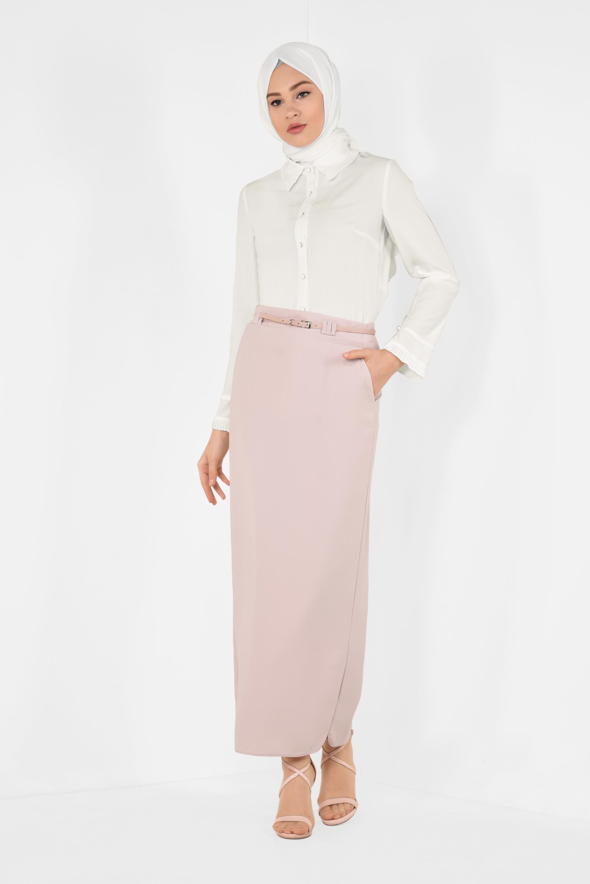 Tesettür giyim PUDRA KEMERLİ KALEM ETEK 6337