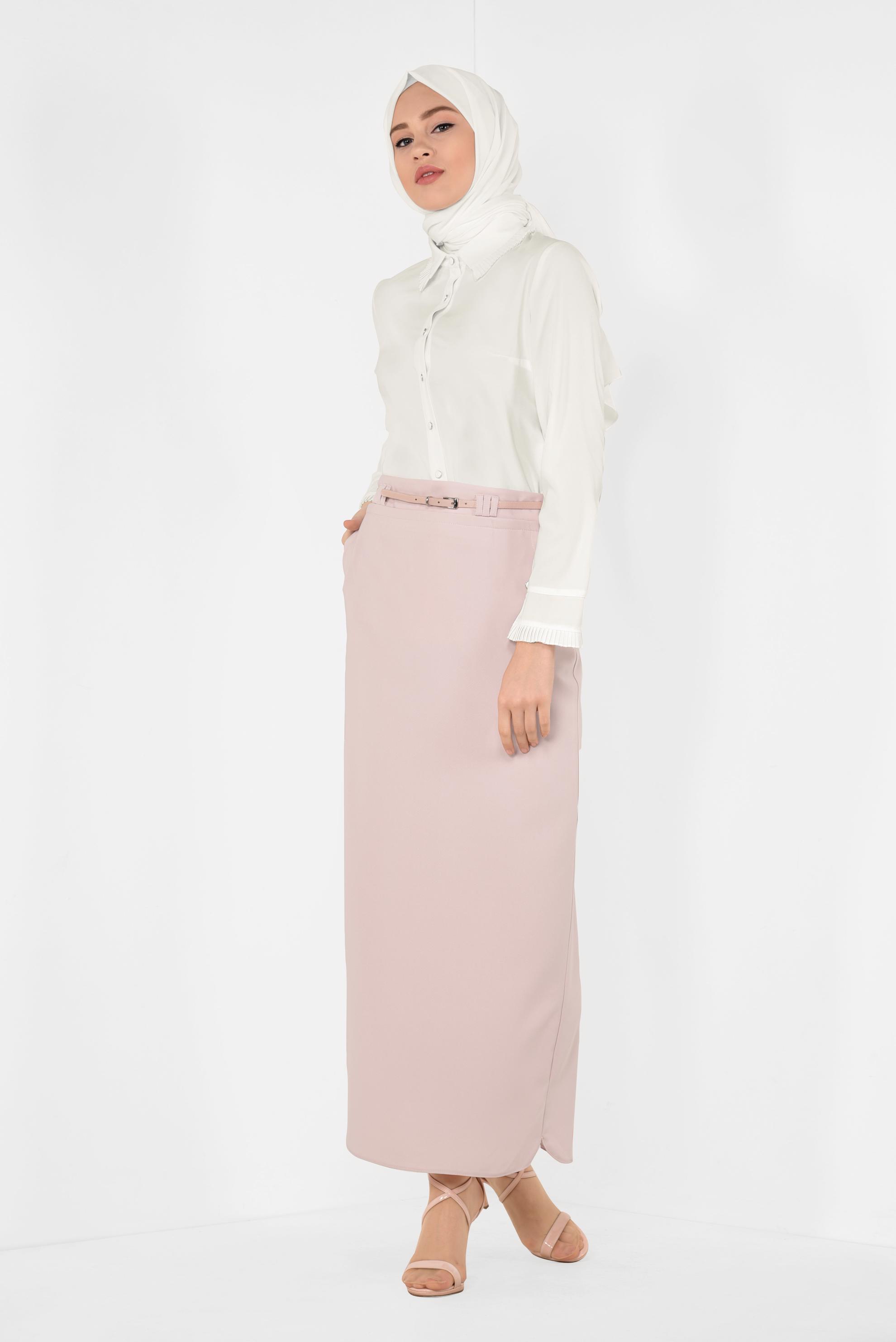 Tesettür giyim PUDRA KEMERLİ KALEM ETEK 6337