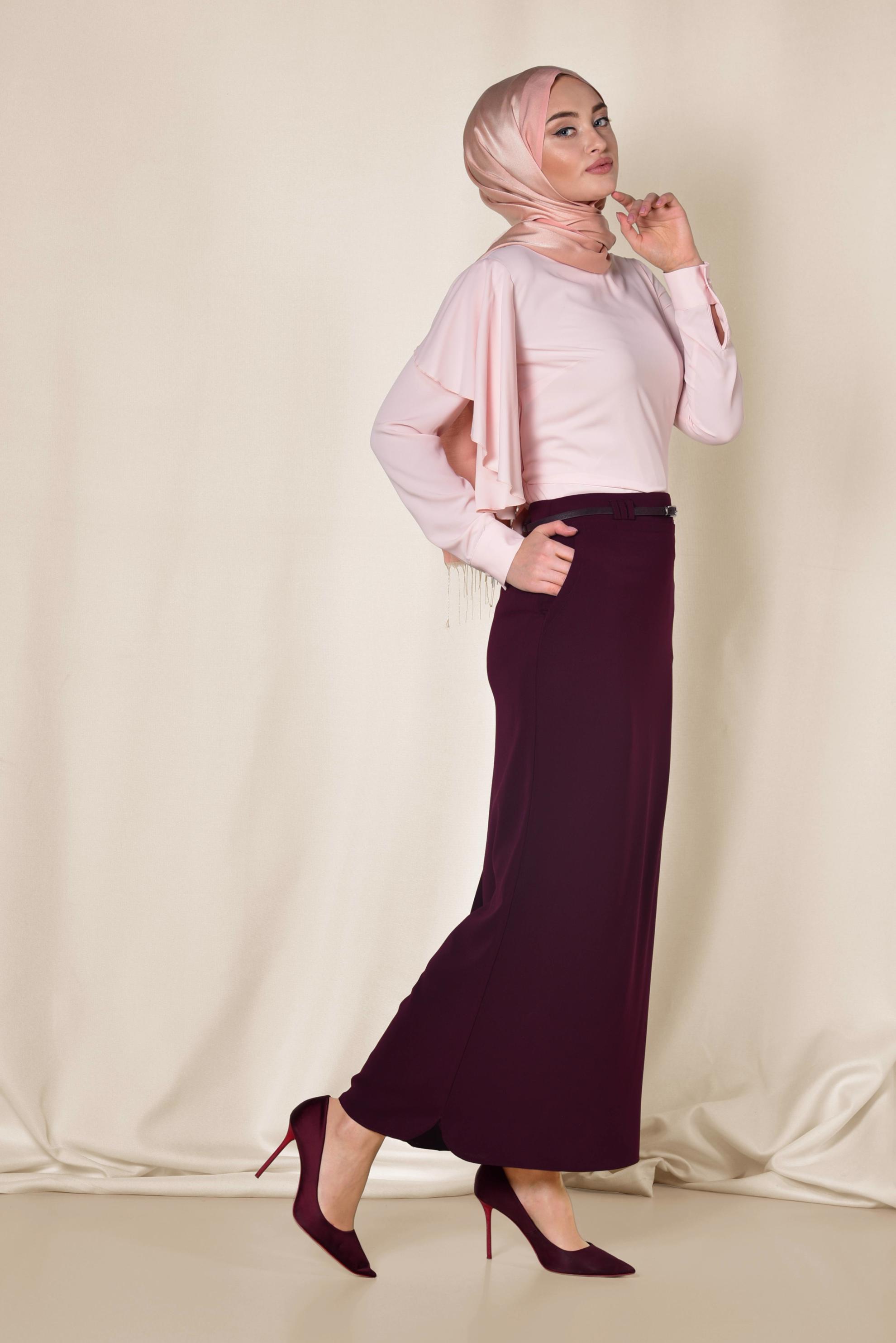 Tesettür giyim BORDO KEMERLİ KALEM ETEK 6337