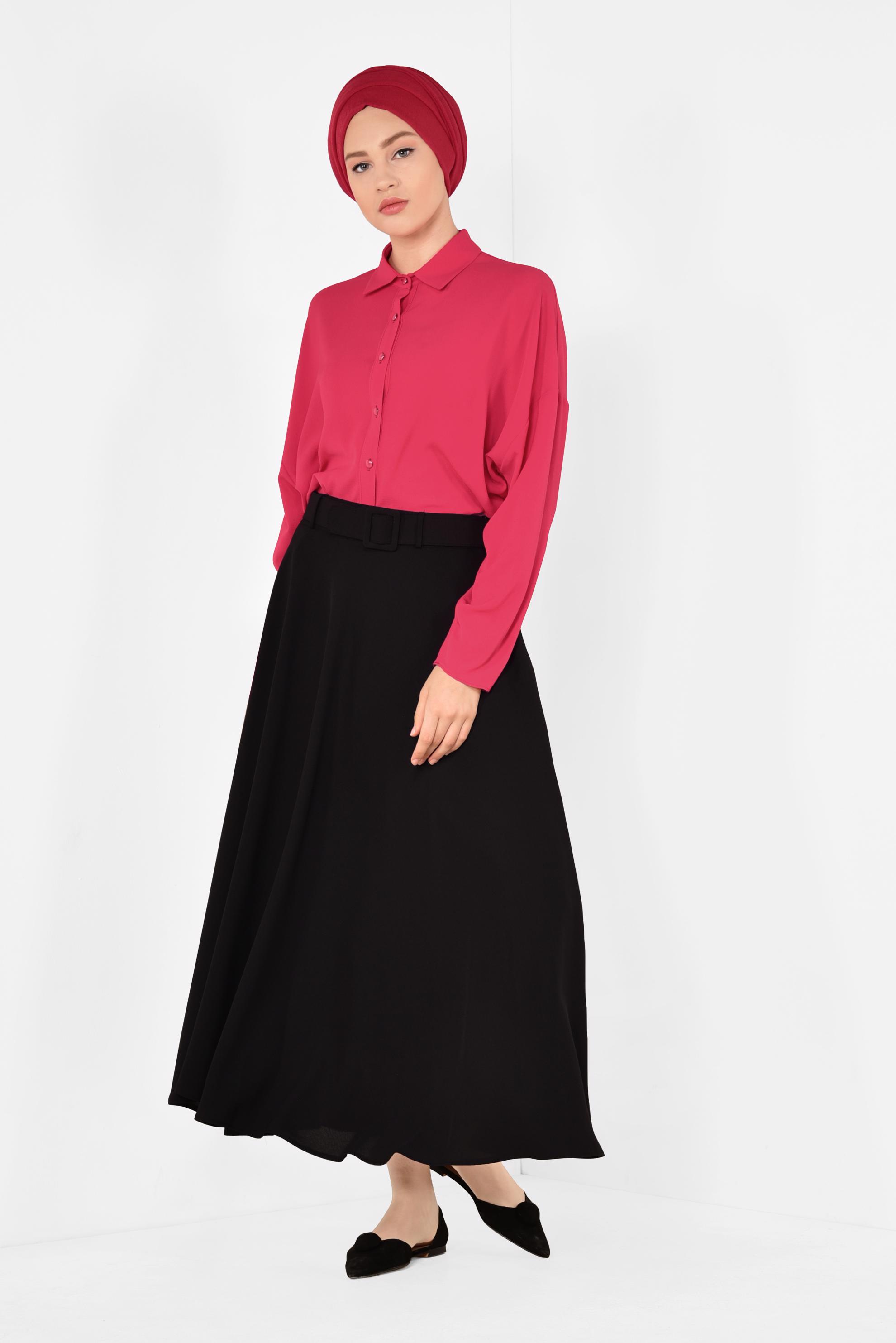 Tesettür giyim SİYAH KEMERLİ ÇAN ETEK 6338