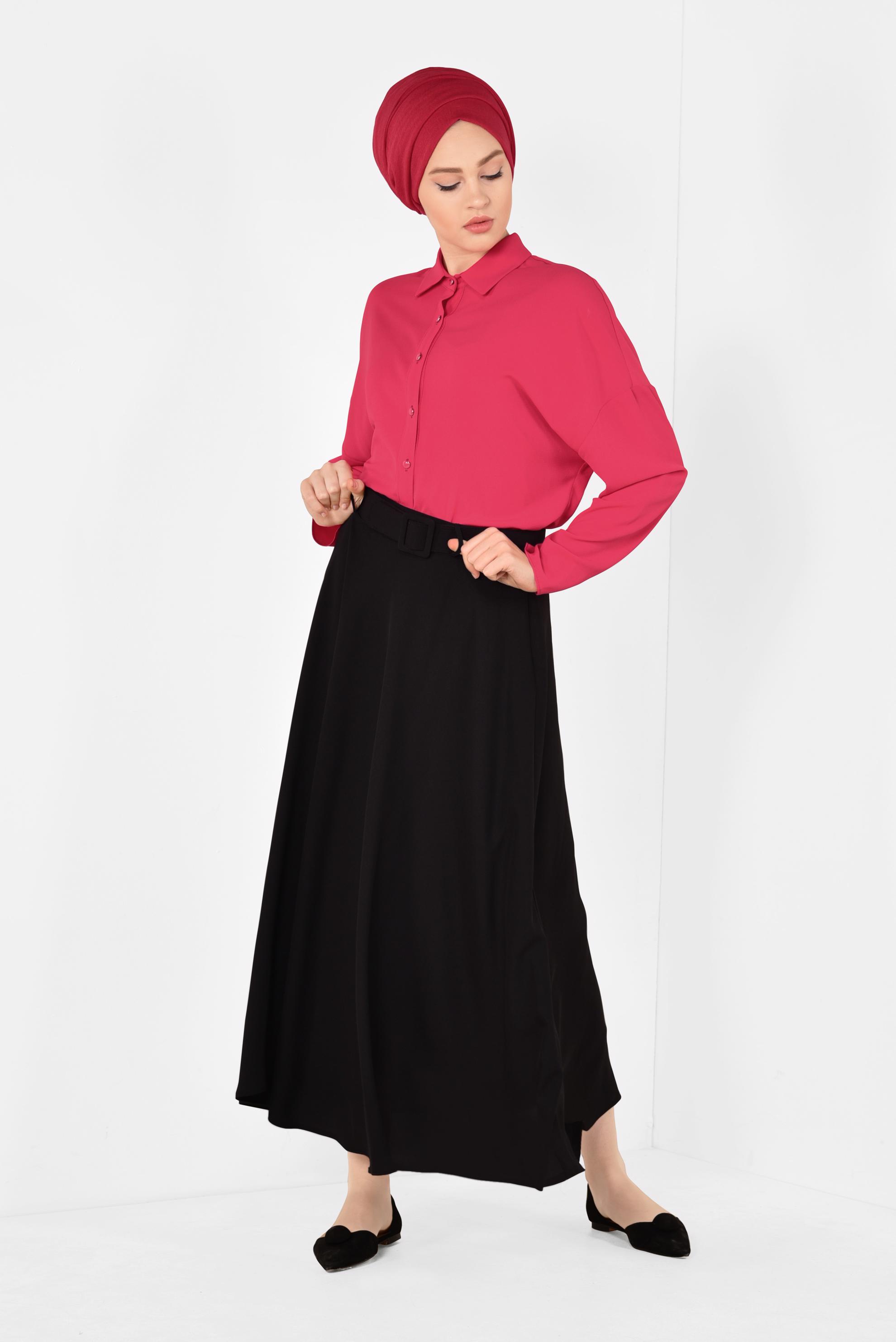 Tesettür giyim SİYAH KEMERLİ ÇAN ETEK 6338