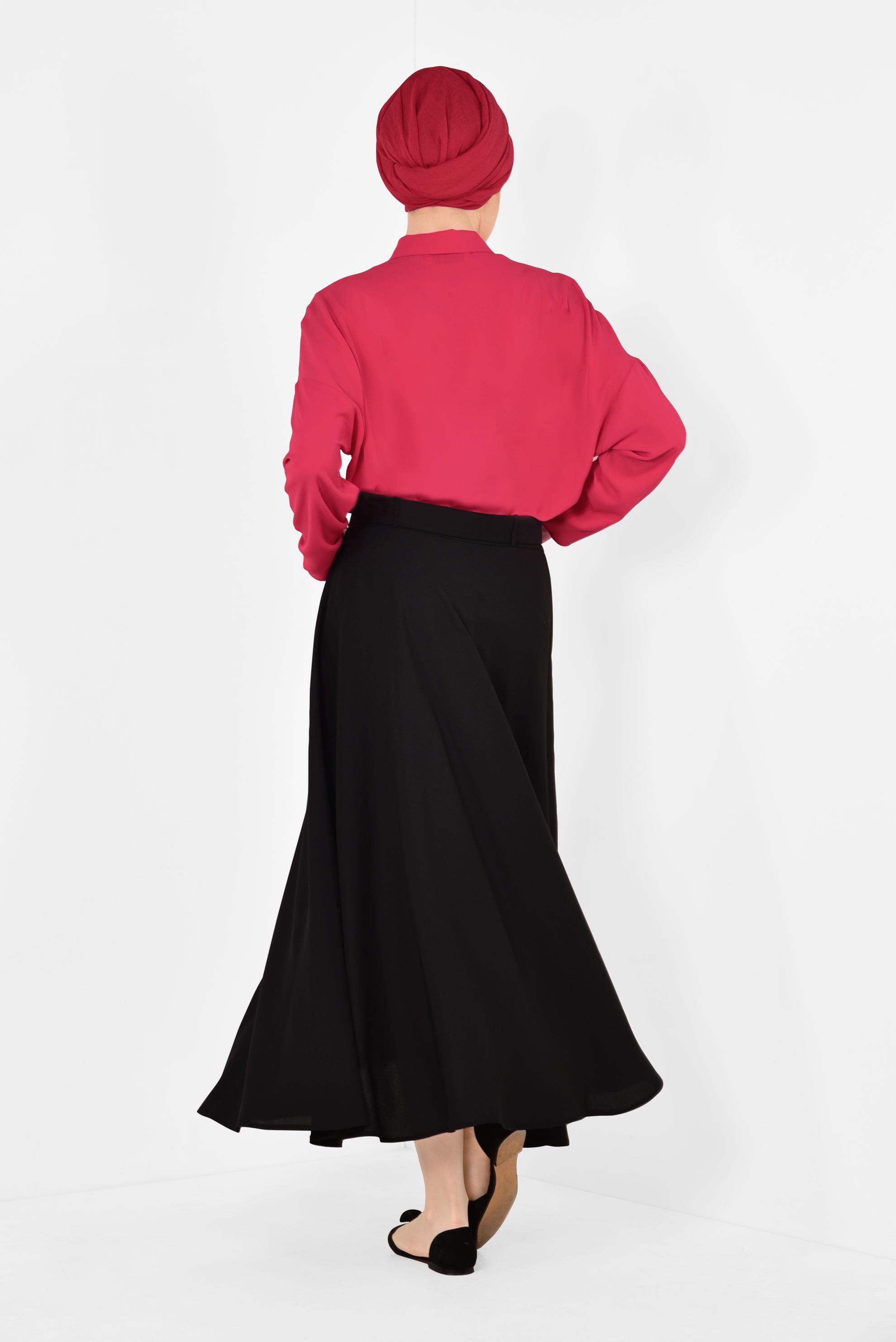 Tesettür giyim SİYAH KEMERLİ ÇAN ETEK 6338