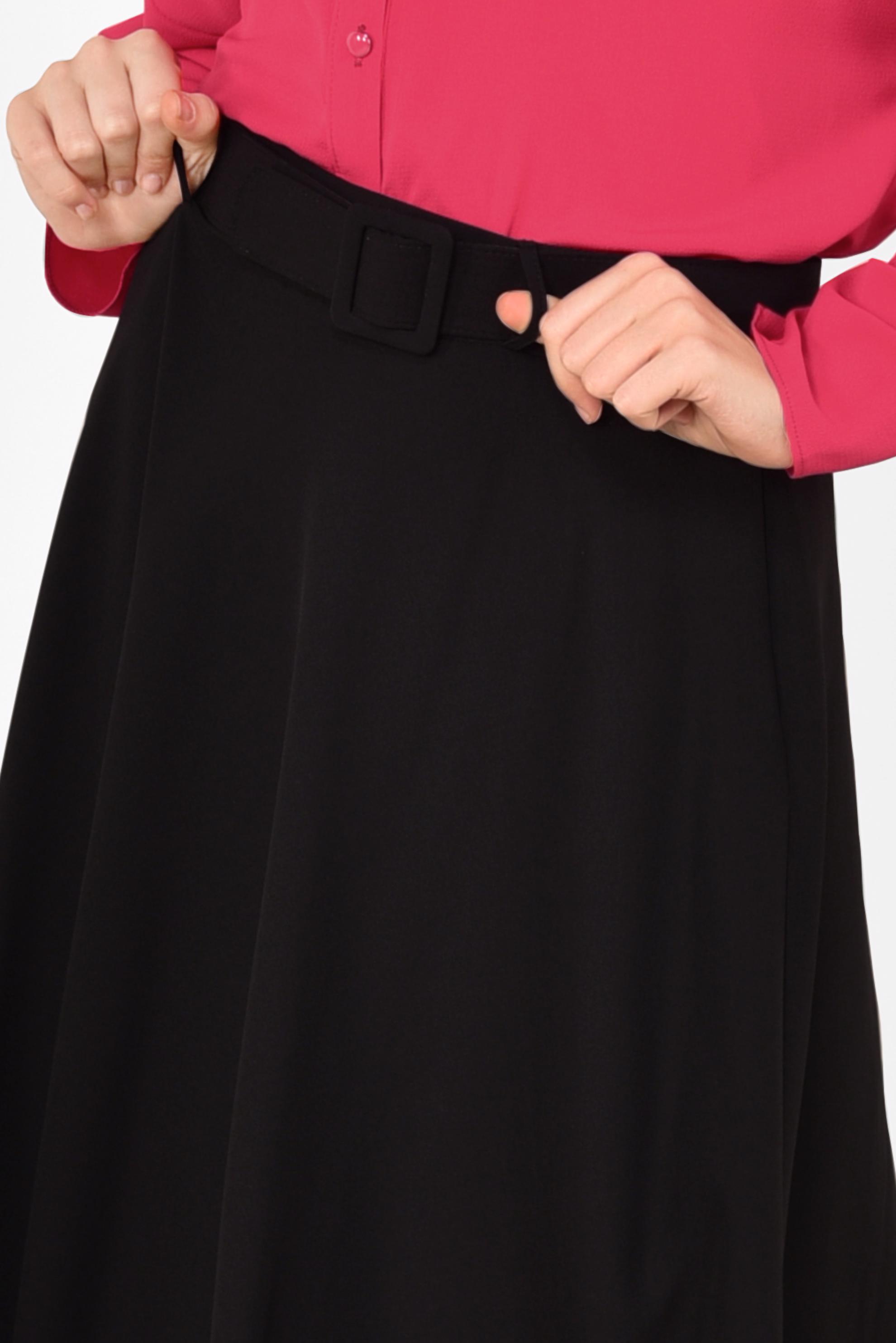 Tesettür giyim SİYAH KEMERLİ ÇAN ETEK 6338