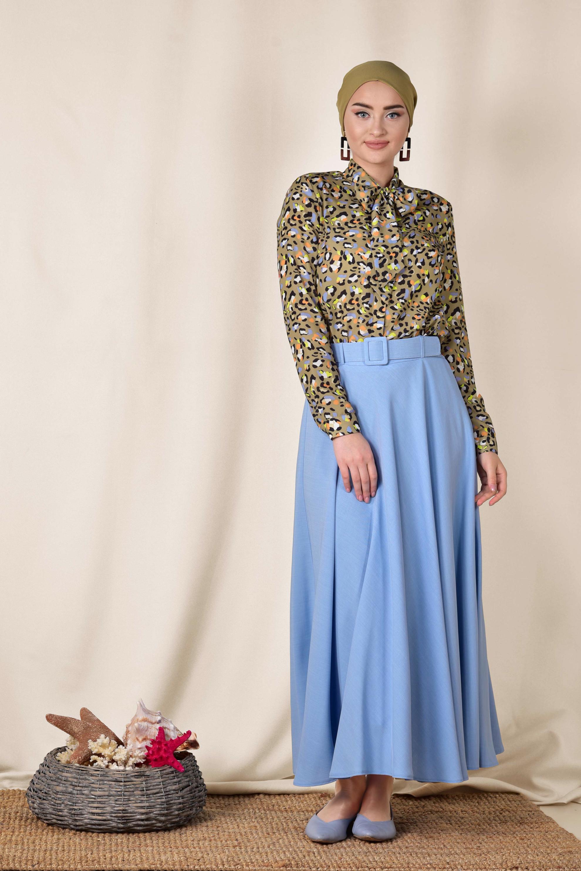 Tesettür giyim MAVİ KEMERLİ ÇAN ETEK 6338