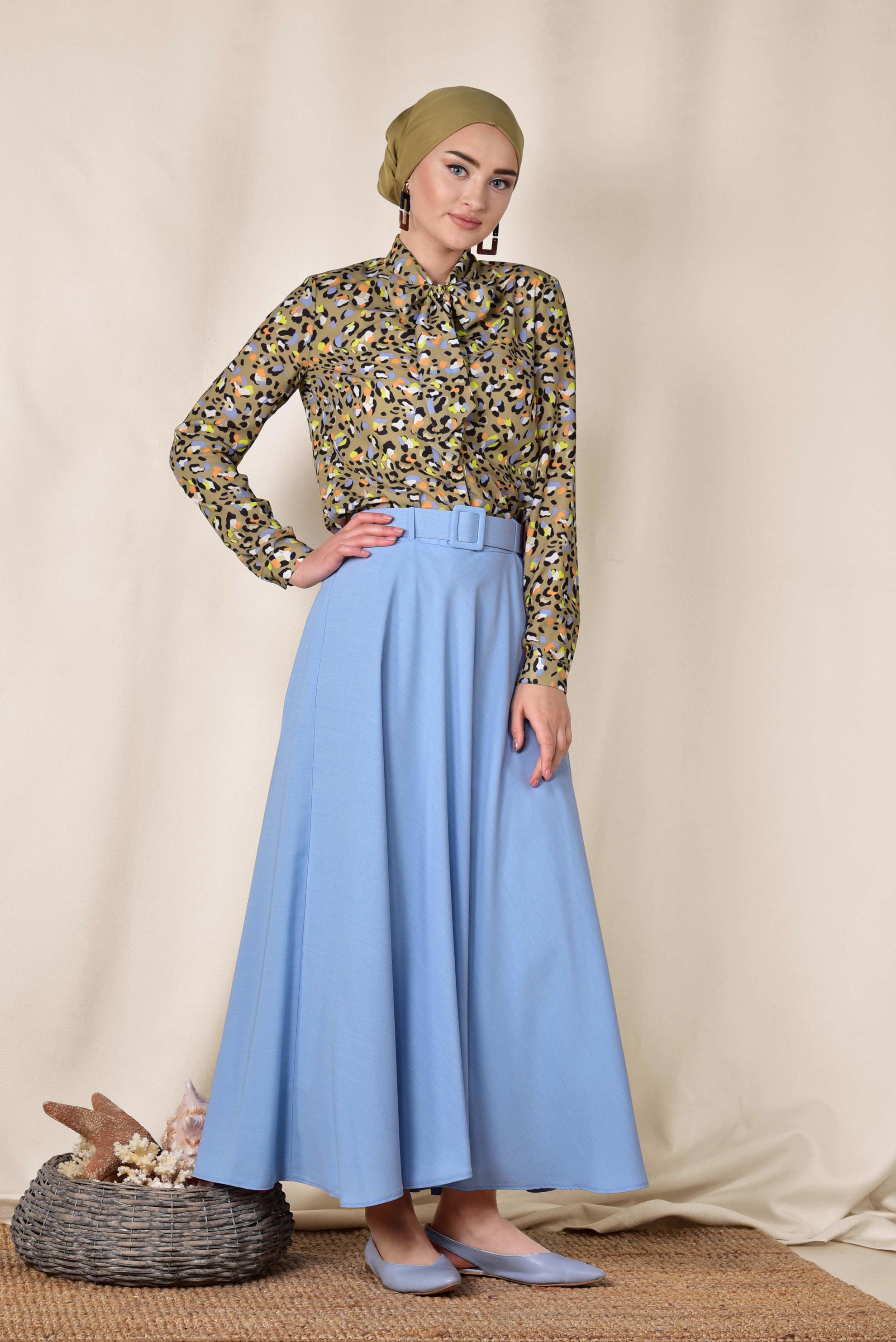 Tesettür giyim MAVİ KEMERLİ ÇAN ETEK 6338