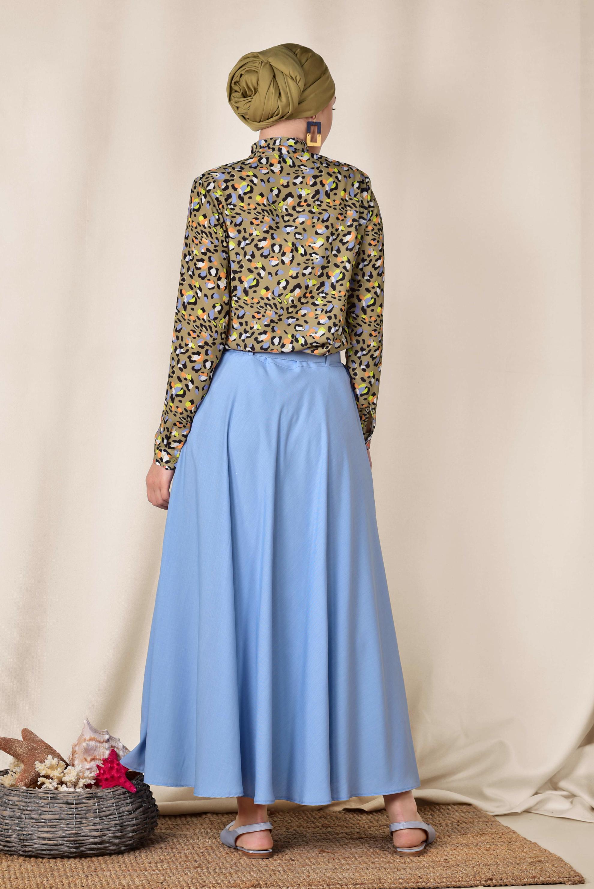 Tesettür giyim MAVİ KEMERLİ ÇAN ETEK 6338