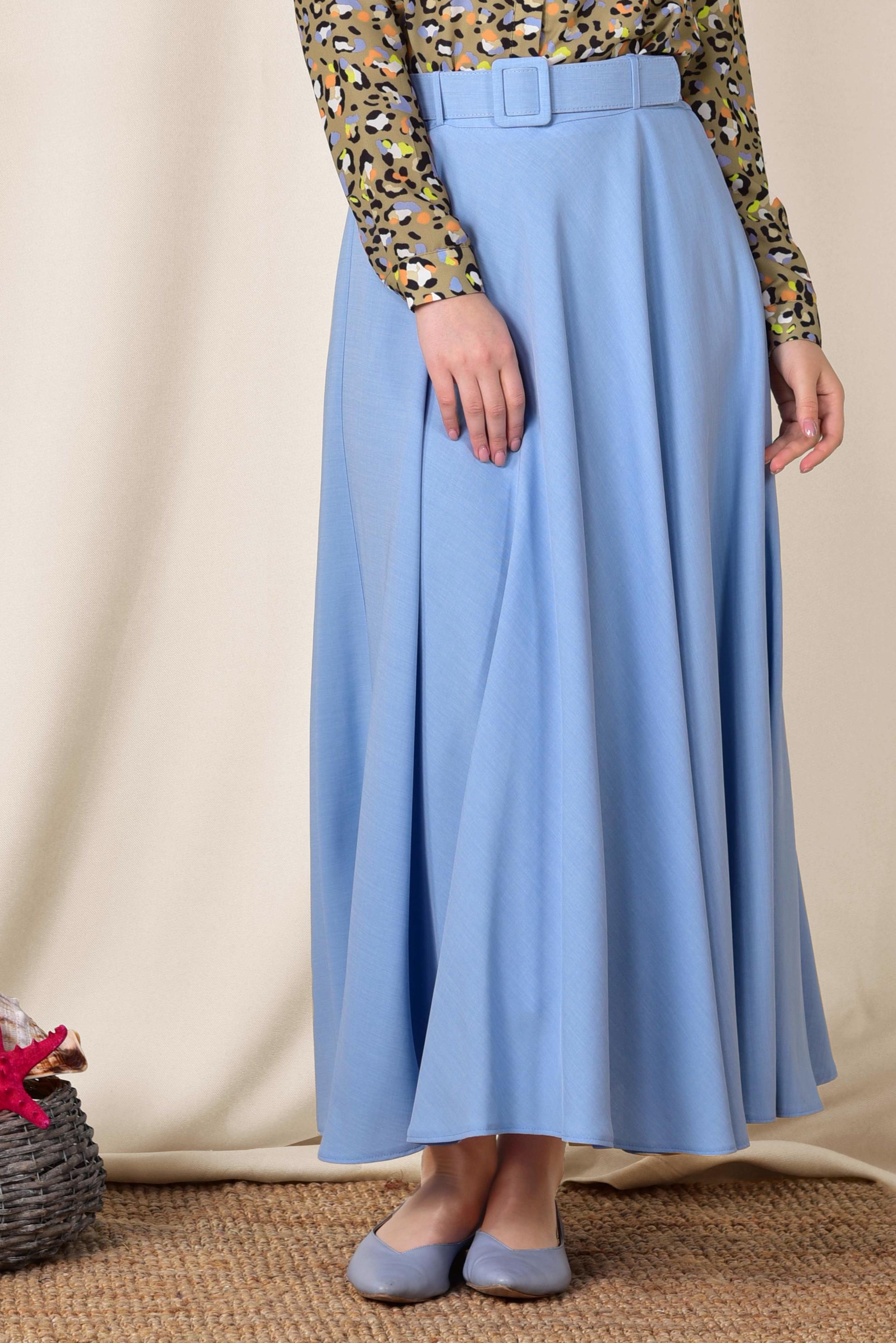 Tesettür giyim MAVİ KEMERLİ ÇAN ETEK 6338