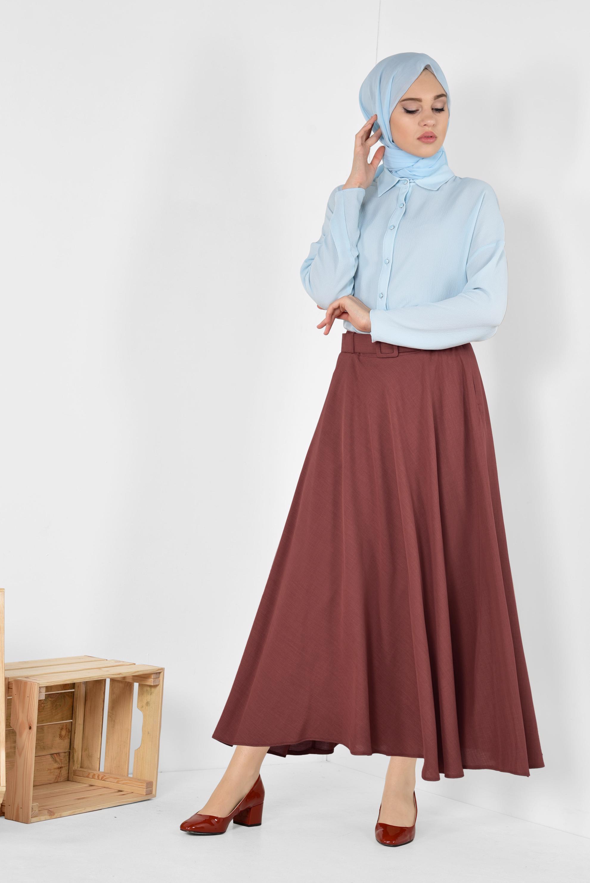 Tesettür giyim TURUNCU KEMERLİ ÇAN ETEK 6338