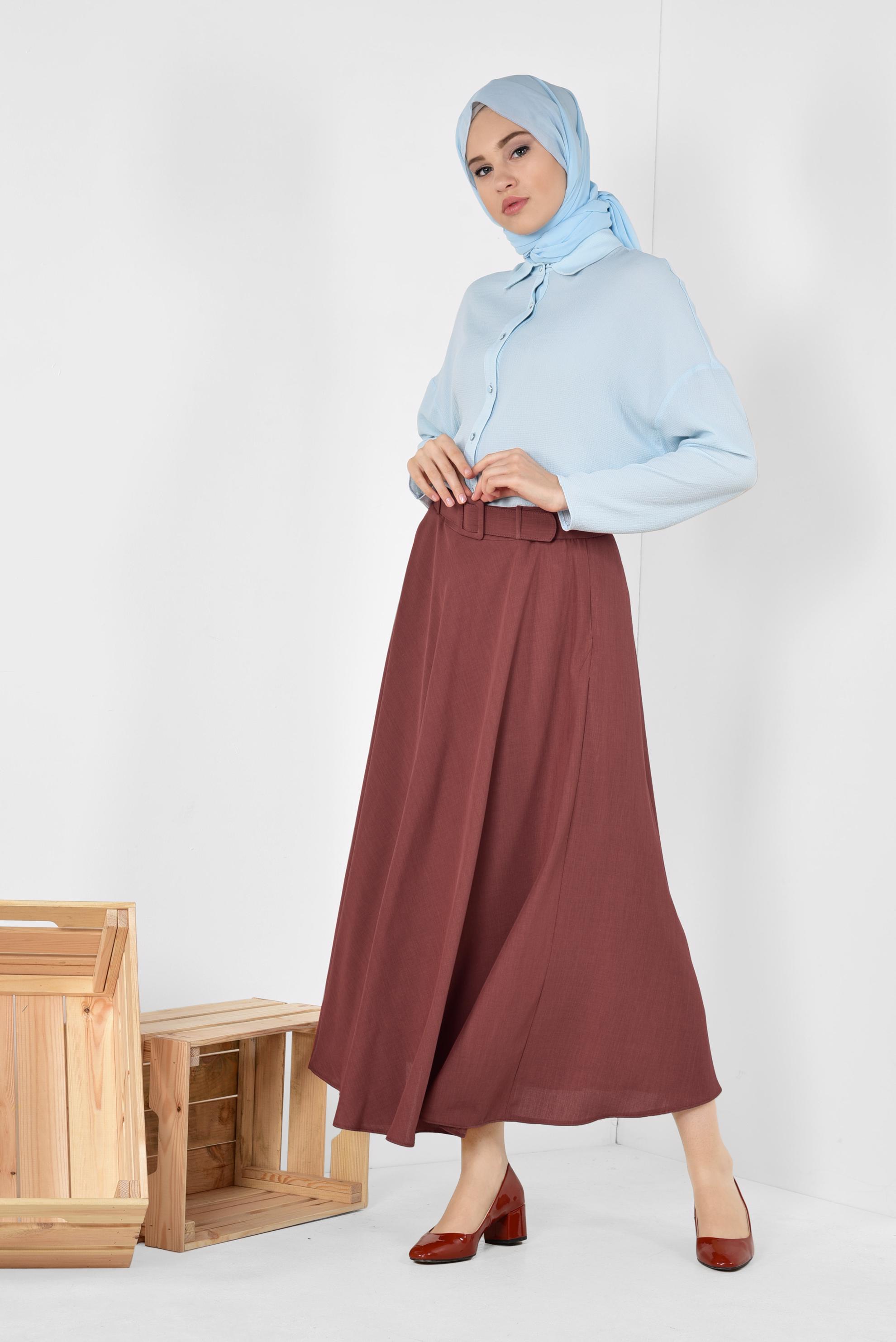 Tesettür giyim TURUNCU KEMERLİ ÇAN ETEK 6338