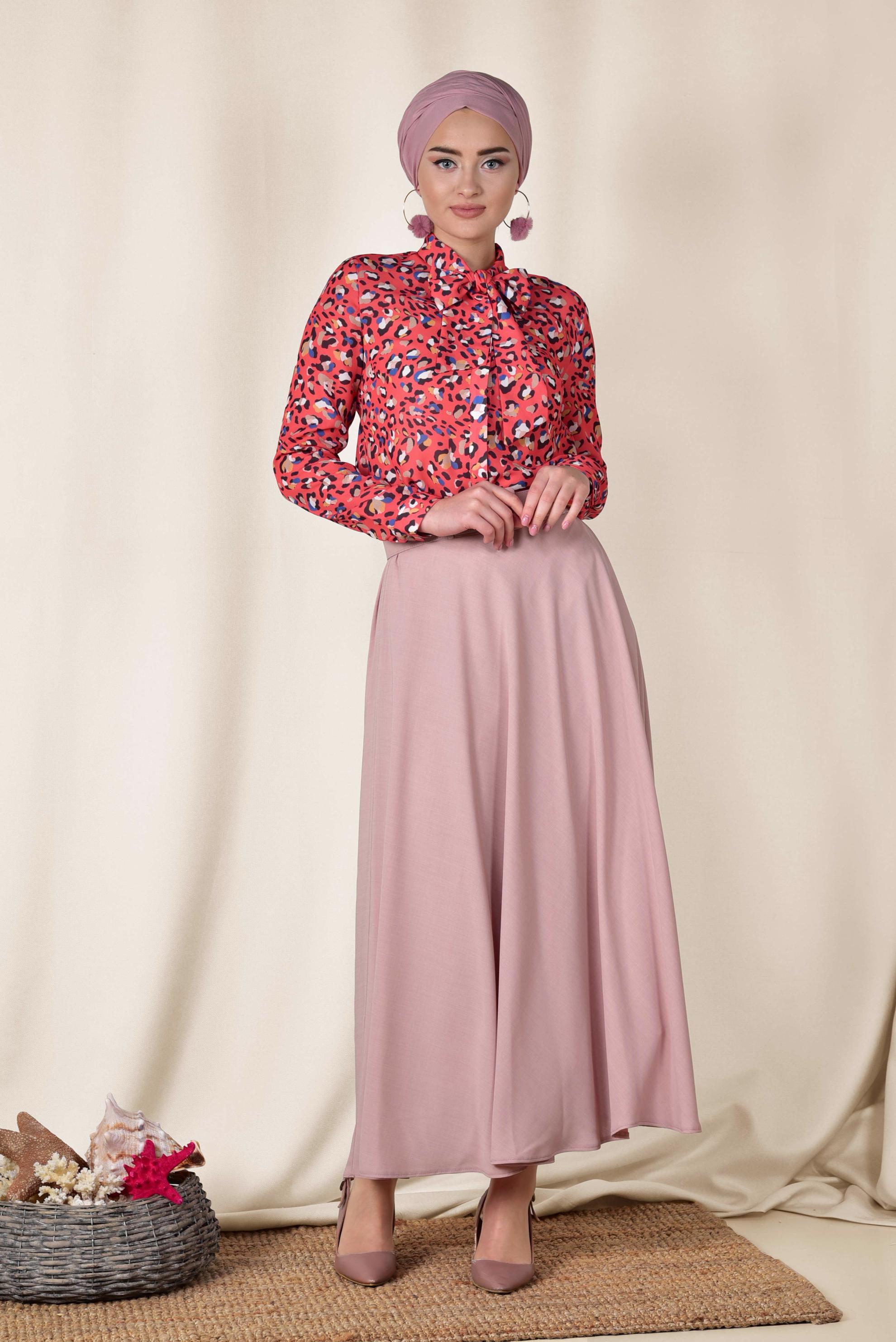 Tesettür giyim PUDRA KEMERLİ ÇAN ETEK 6338