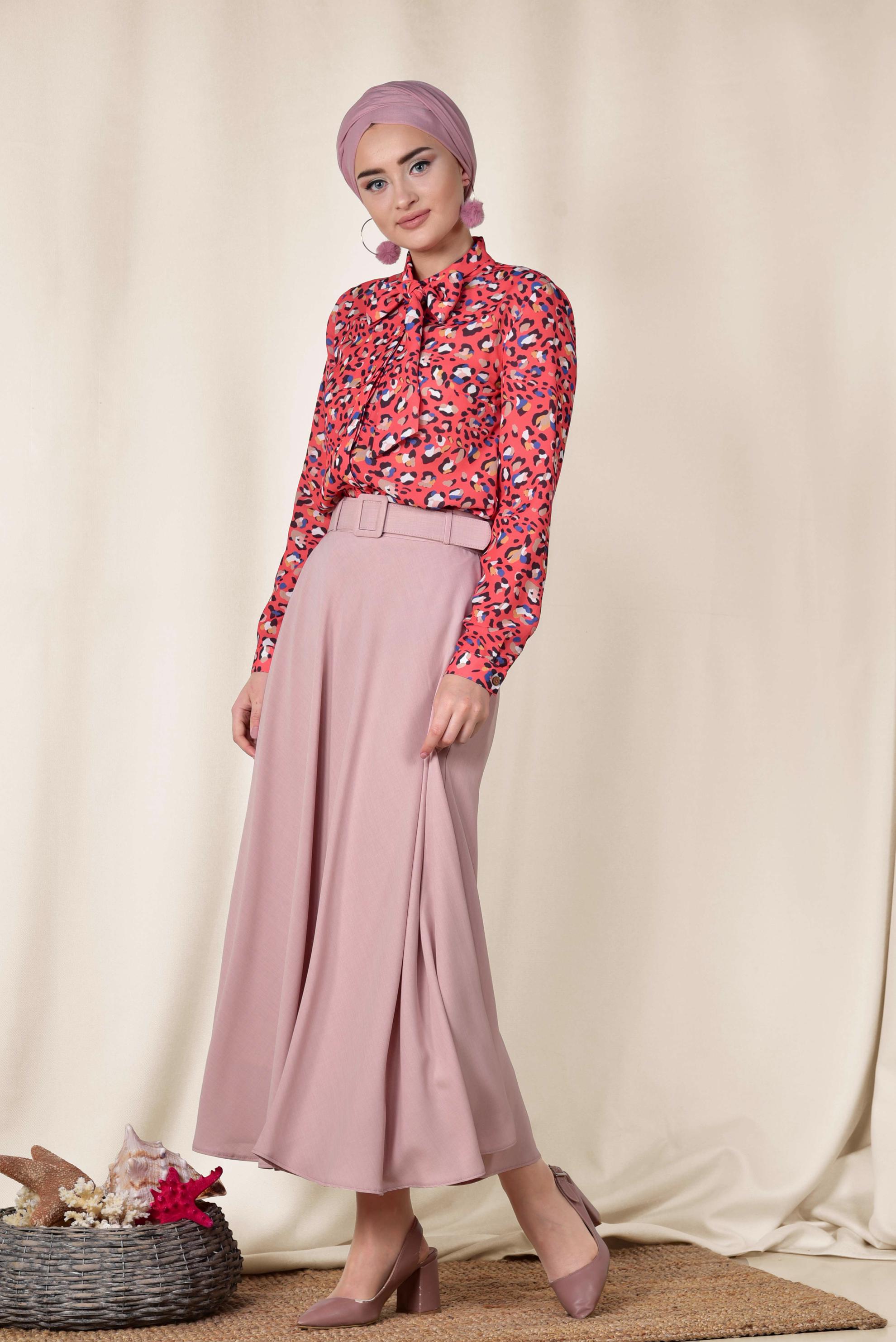 Tesettür giyim PUDRA KEMERLİ ÇAN ETEK 6338