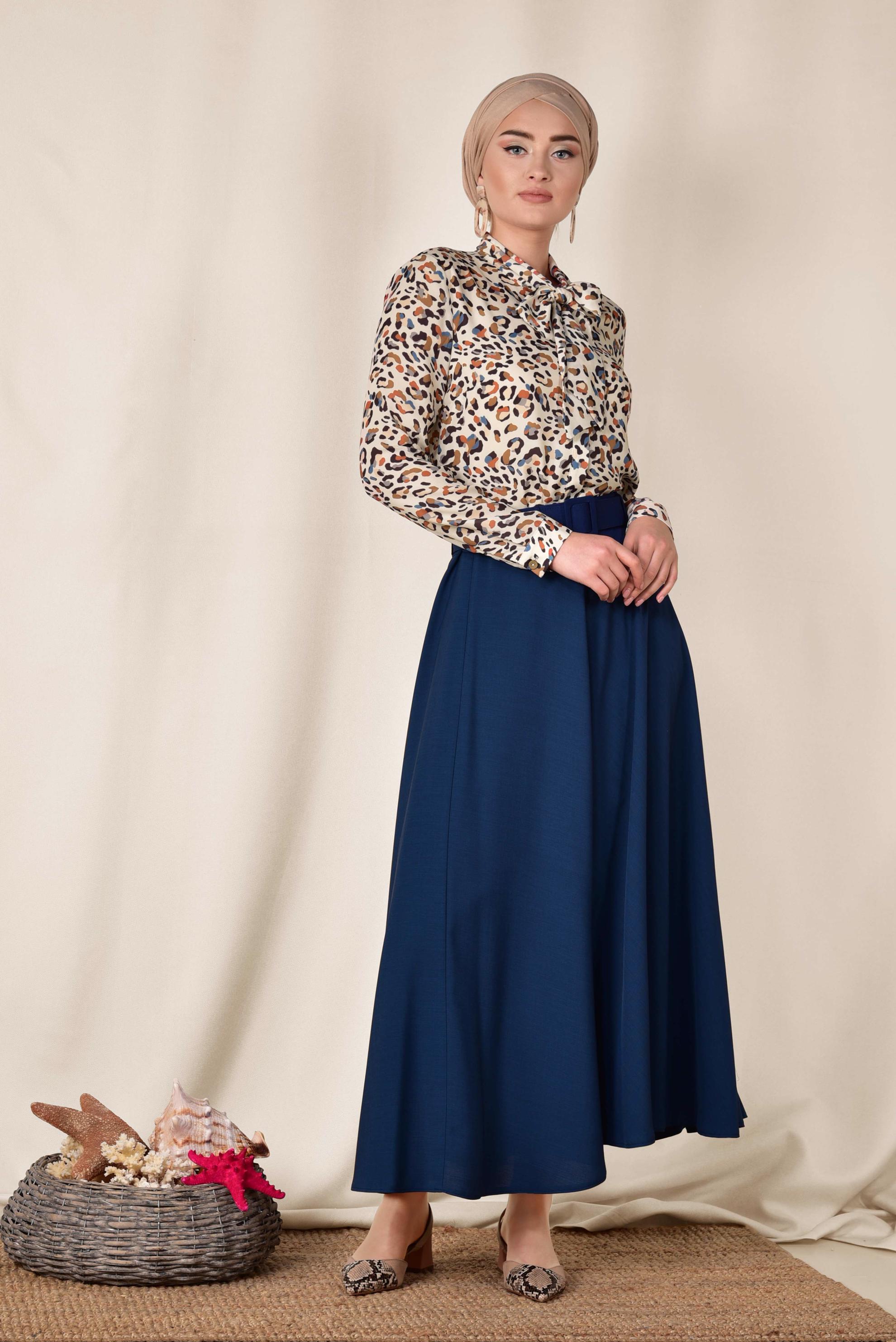 Tesettür giyim LACİVERT KEMERLİ ÇAN ETEK 6338