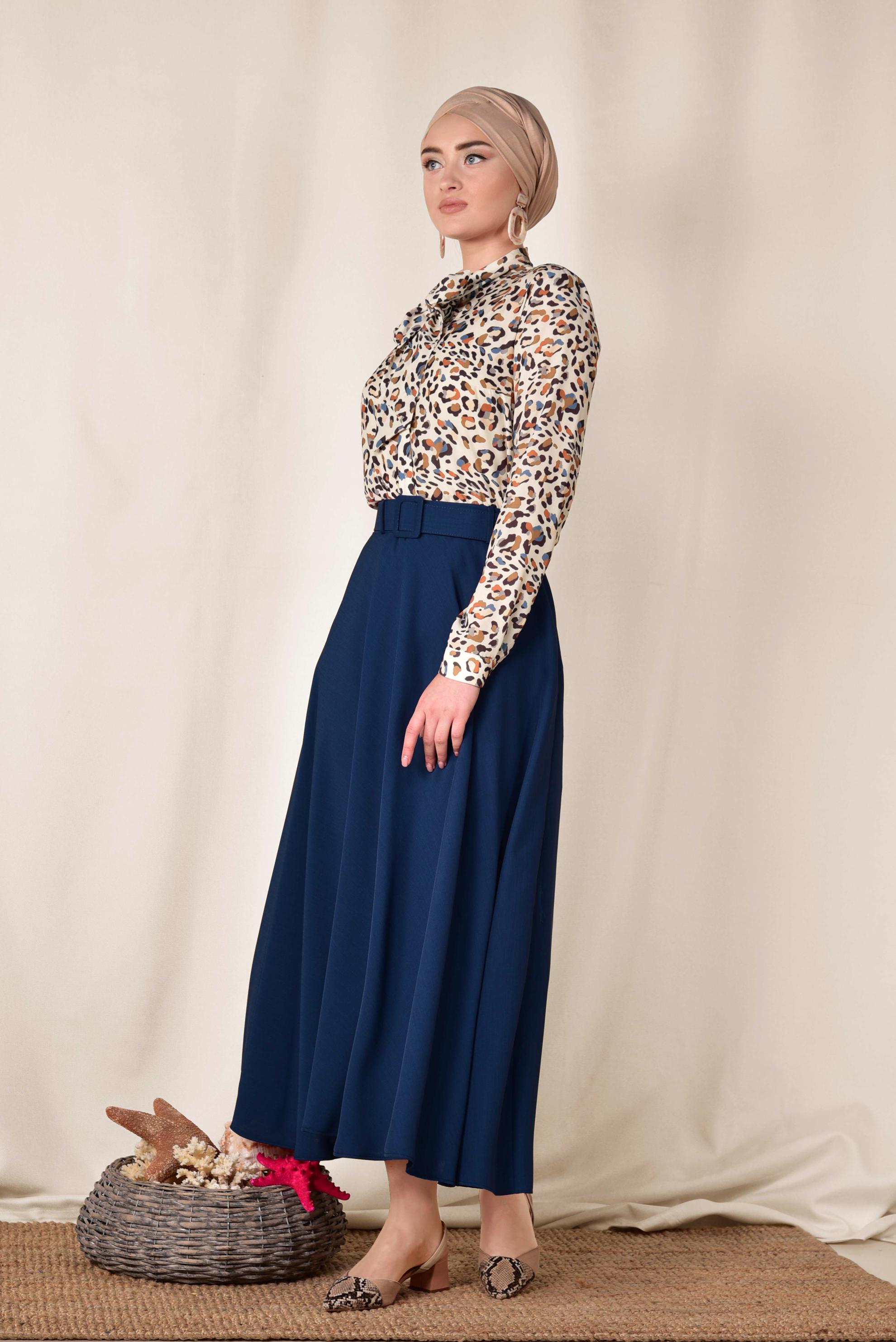 Tesettür giyim LACİVERT KEMERLİ ÇAN ETEK 6338