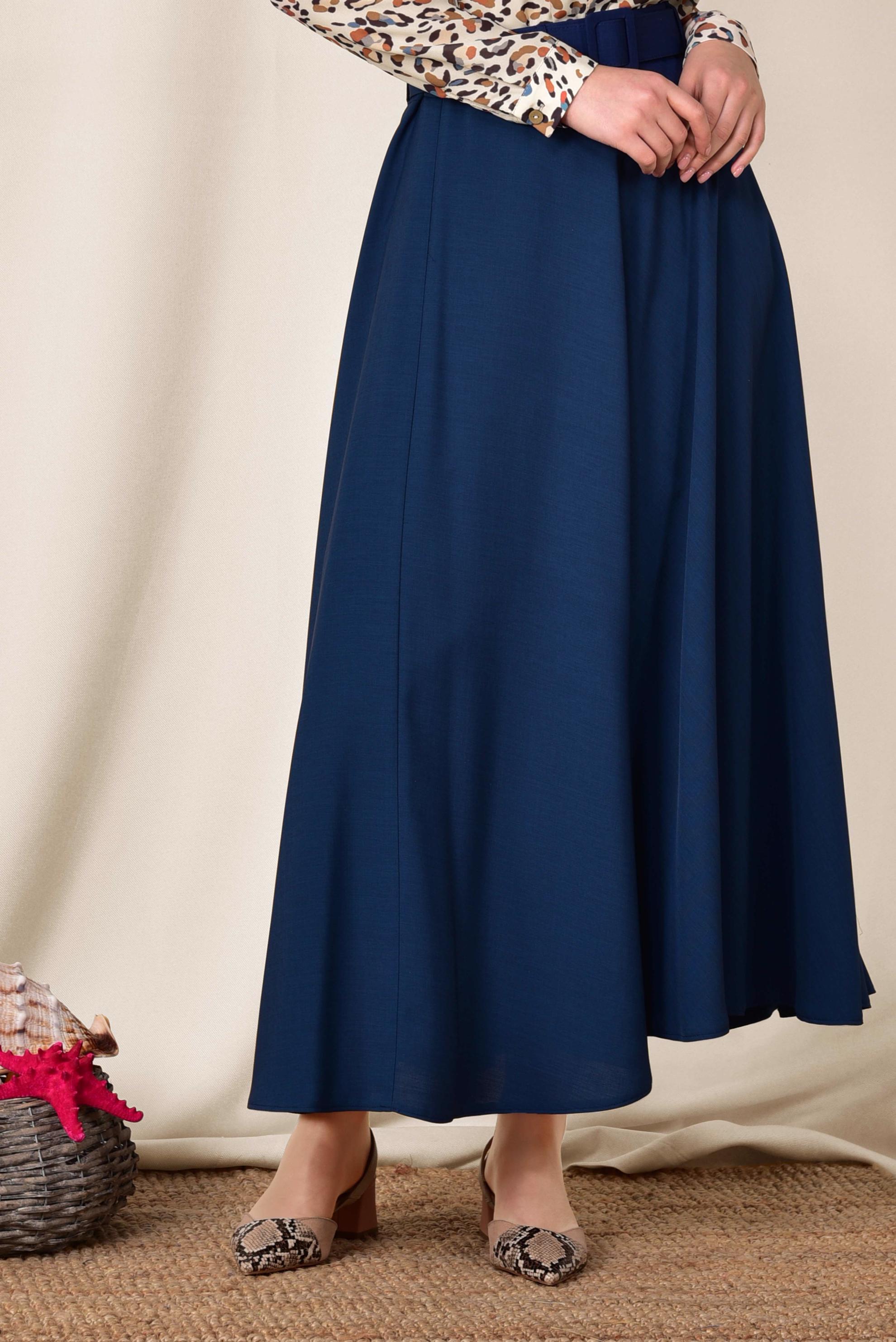 Tesettür giyim LACİVERT KEMERLİ ÇAN ETEK 6338