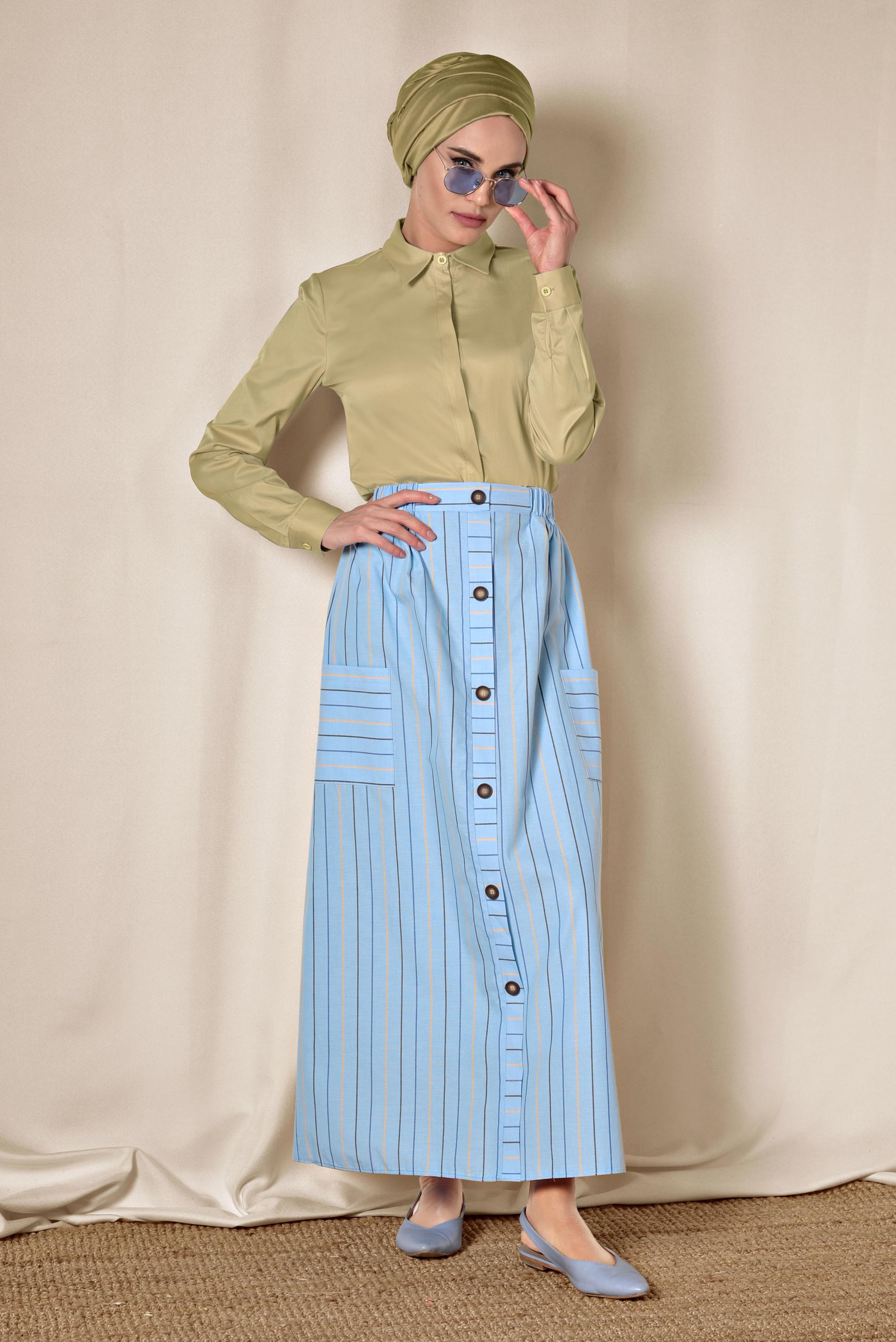 Tesettür giyim MAVİ ÇİZGİ DESENLİ VE ÖNDEN DÜĞMELİ ETEK 6341