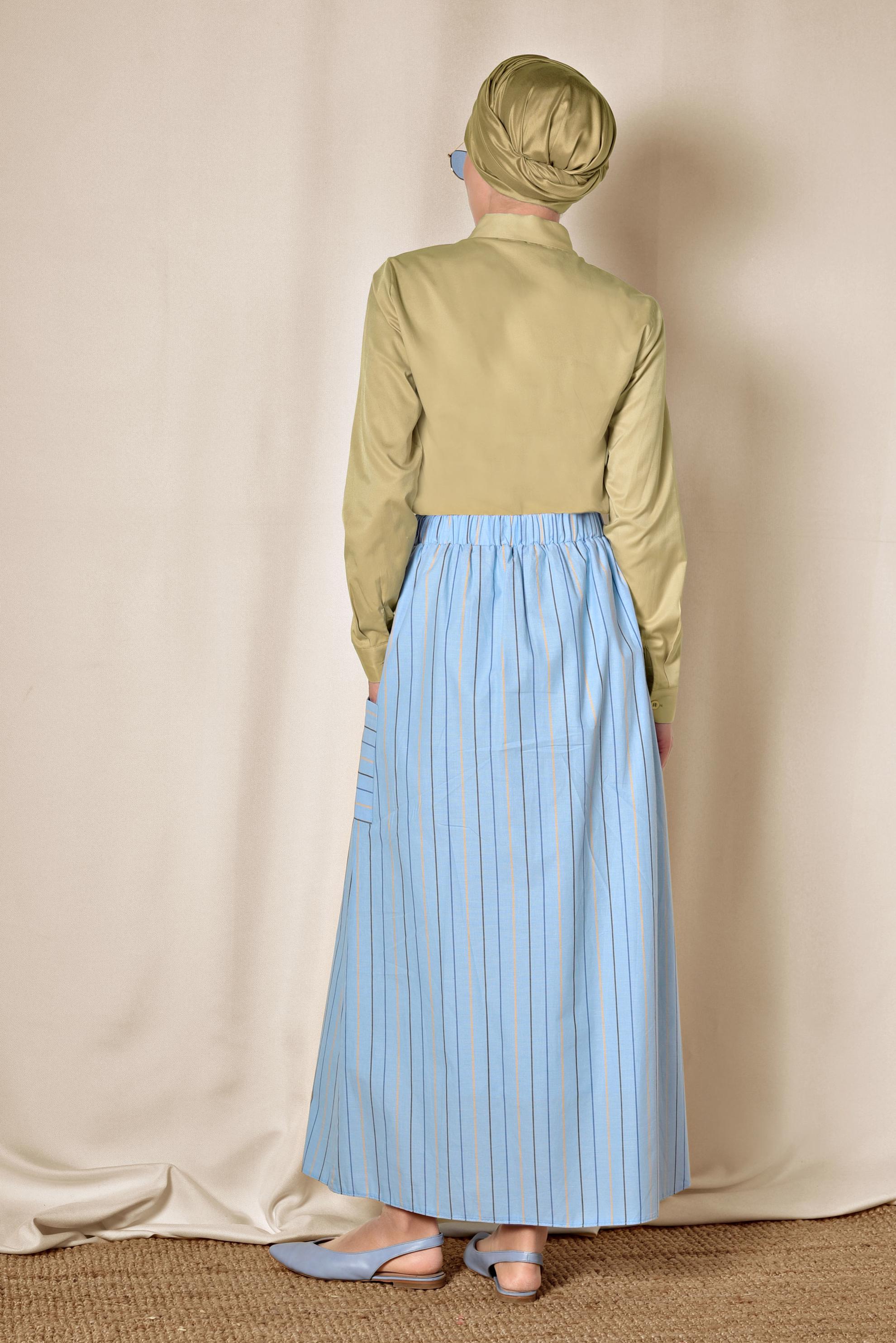 Tesettür giyim MAVİ ÇİZGİ DESENLİ VE ÖNDEN DÜĞMELİ ETEK 6341